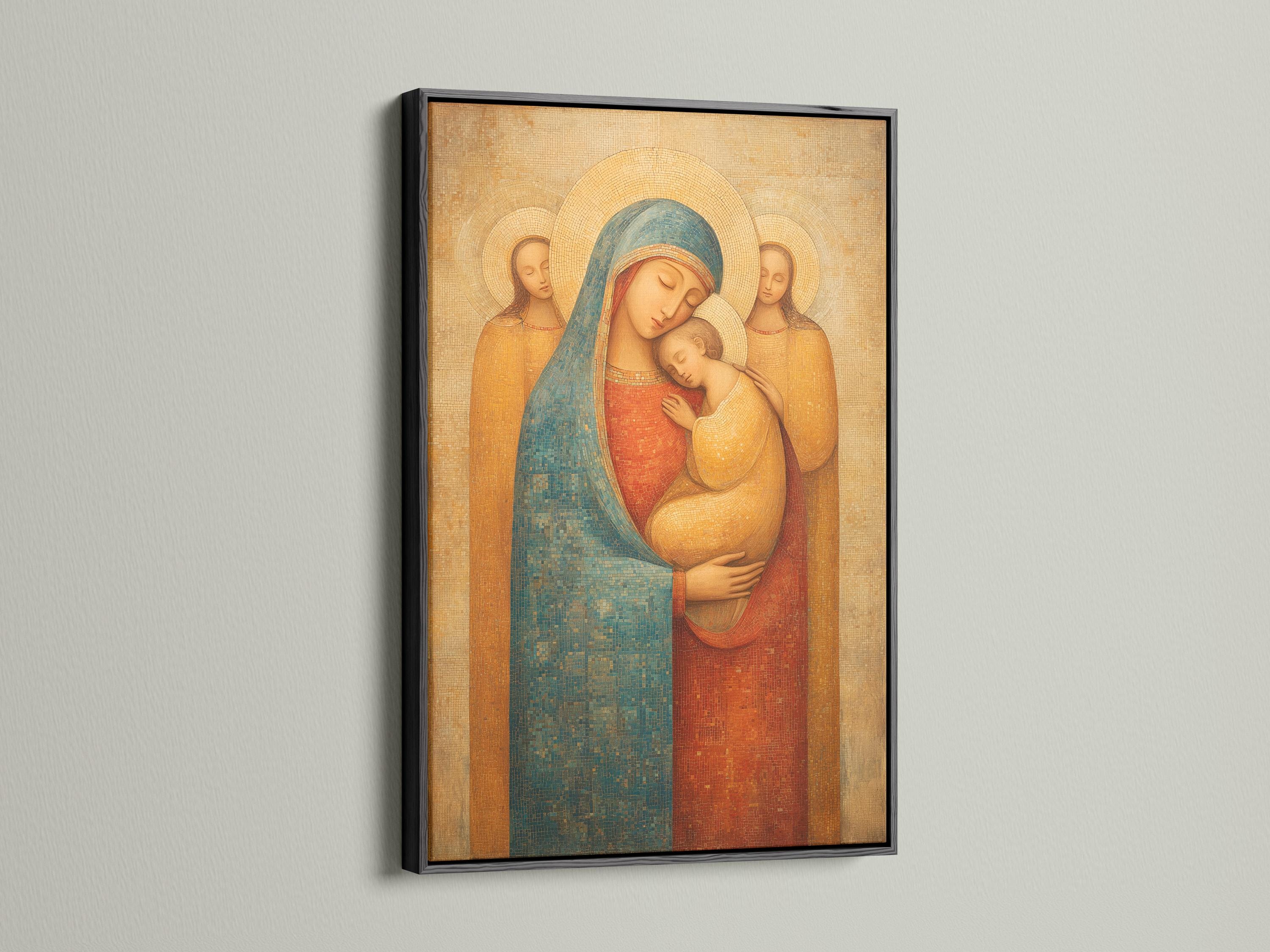 Room mockup showing framed Madonna and Child religious icon artwork