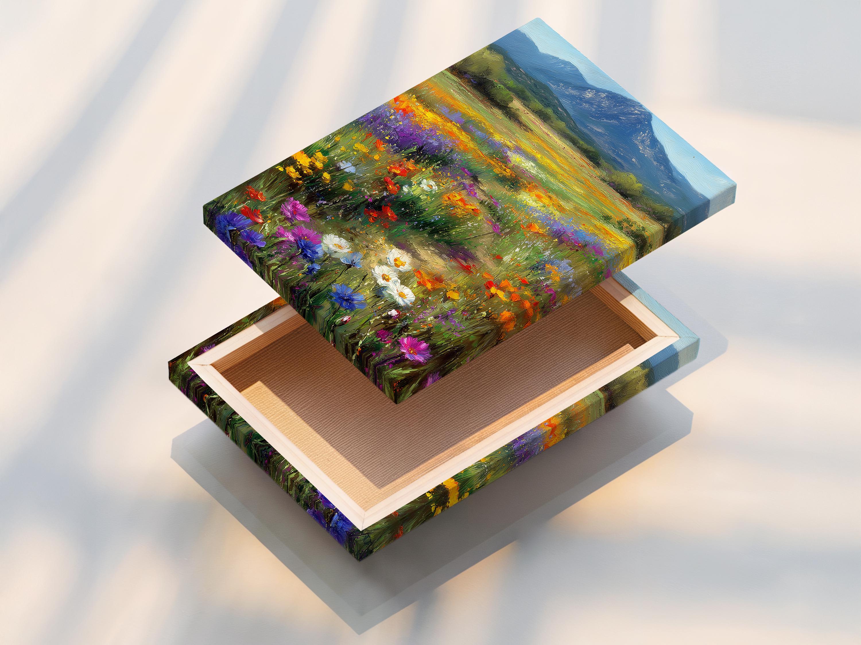 Wildflower meadow landscape with colourful flowers and a blue mountain detail view