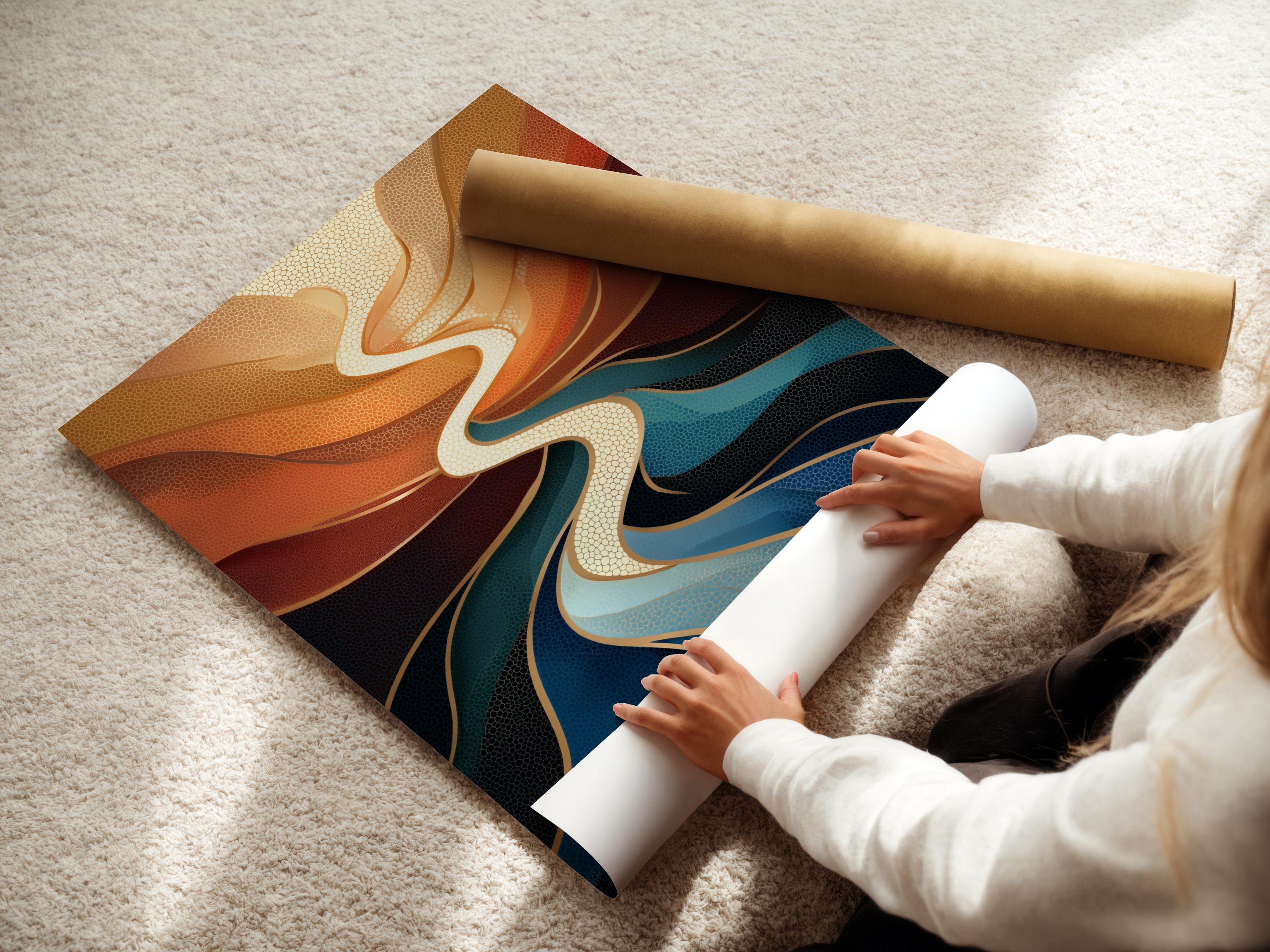 Abstract river design with swirling cream lines, terracotta and deep blue textured shapes detail view