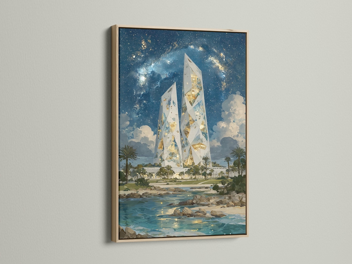 Wall mockup showing a framed artwork of glowing crystal towers over a starry night coastline