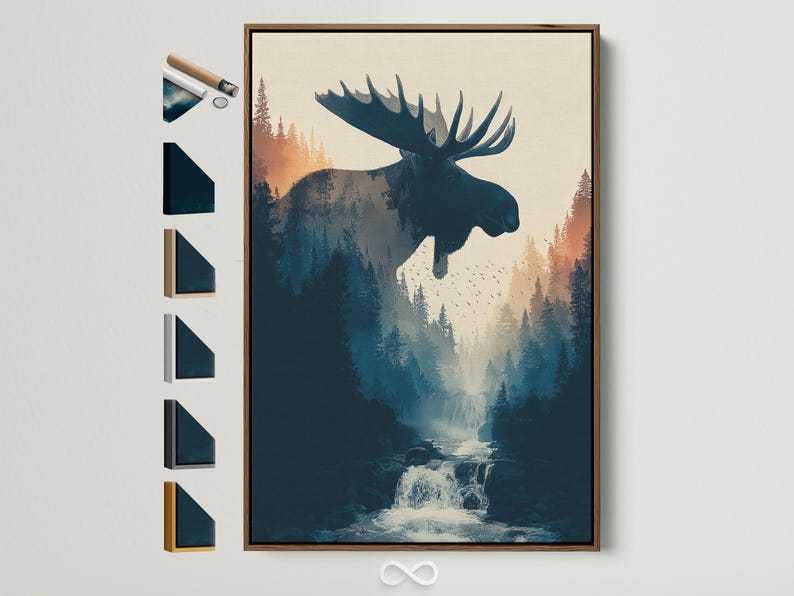 Moose silhouette in a misty pine forest with birds and a stream waterfall