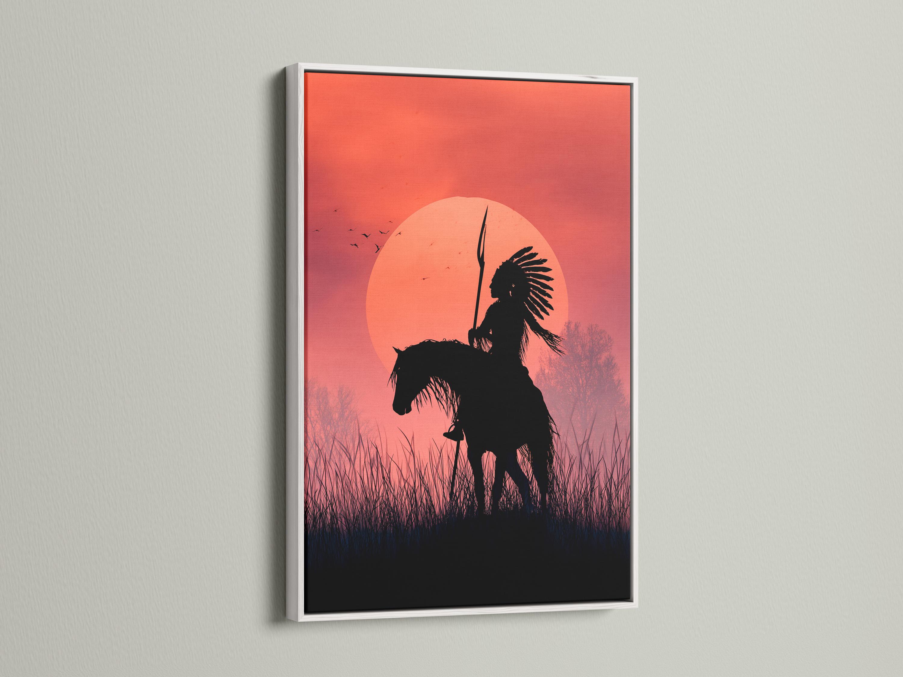 Red sunset circle with a dark horse rider silhouette holding a spear, birds in flight and silhouetted grasses detail view