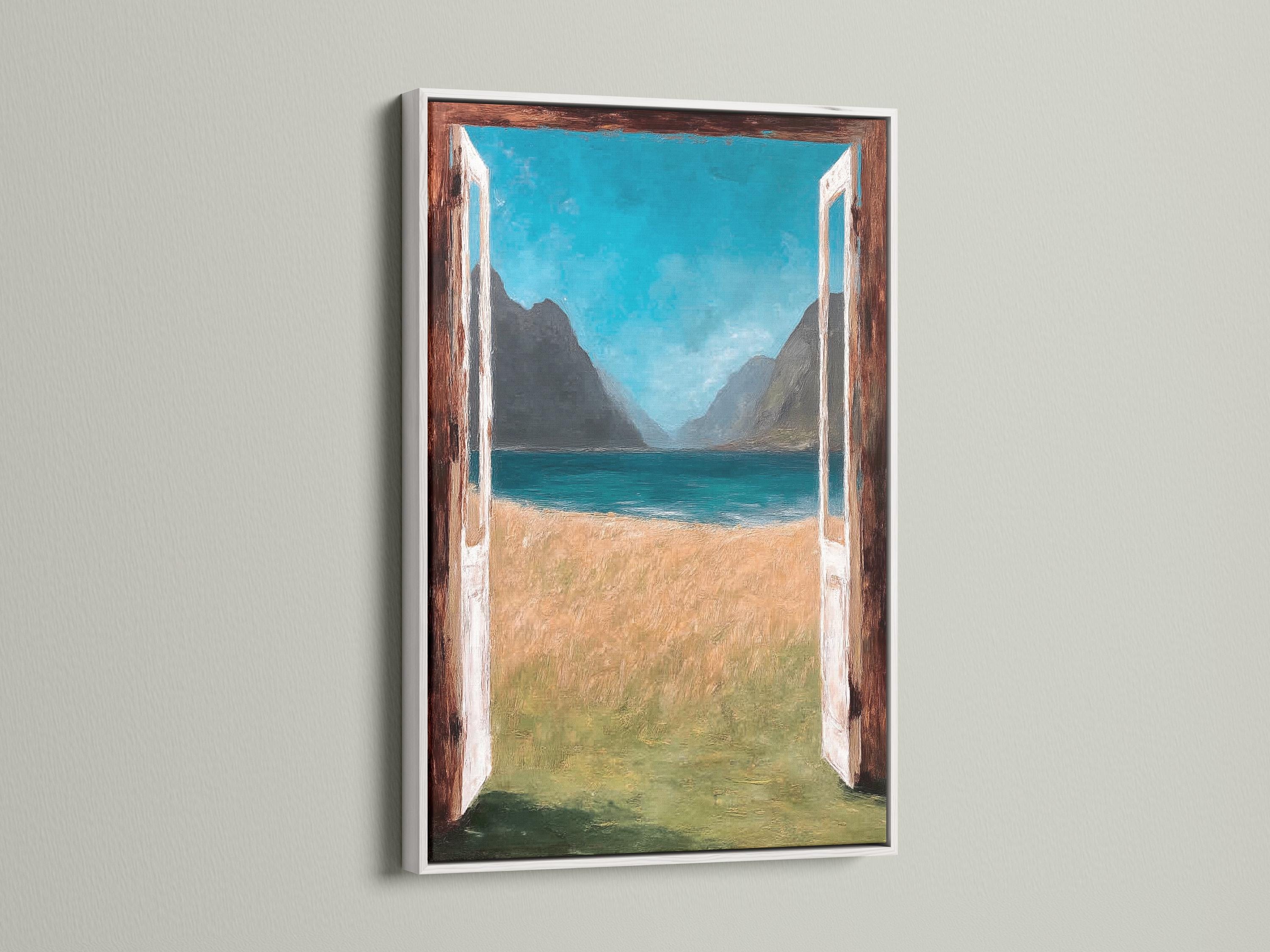 Room mockup showing a framed doorway seascape artwork with turquoise sea and mountains