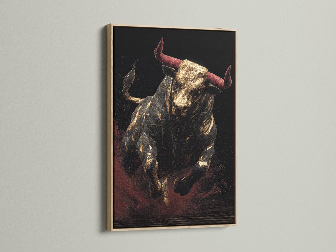 Geometric bull with gold facets, muted red horns and a dark speckled background detail view