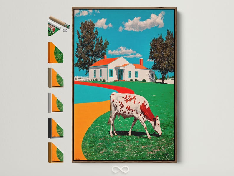 Red and white cow standing in front of a colourful farmhouse countryside illustration