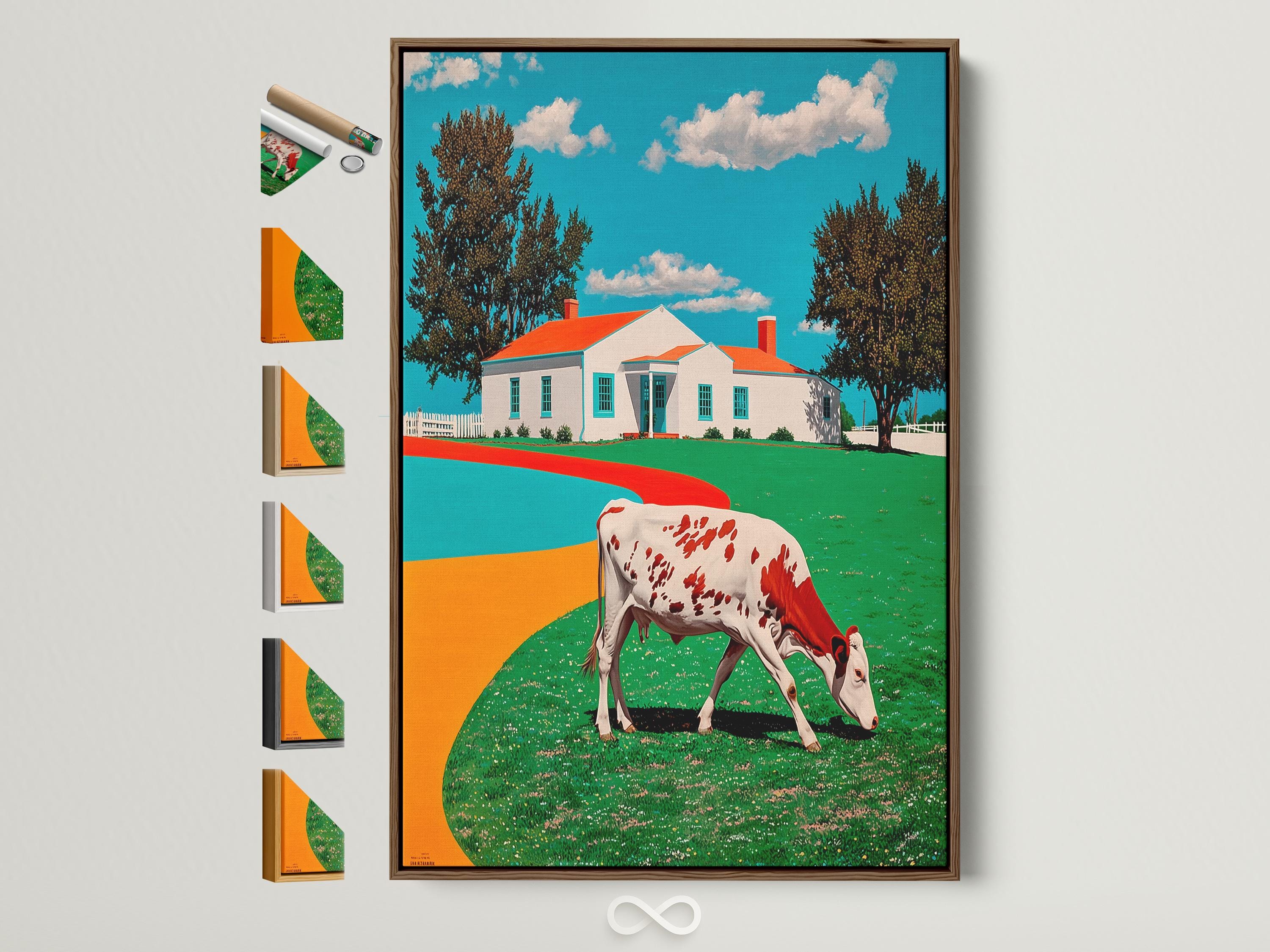 Red and white cow standing in front of a colourful farmhouse countryside illustration