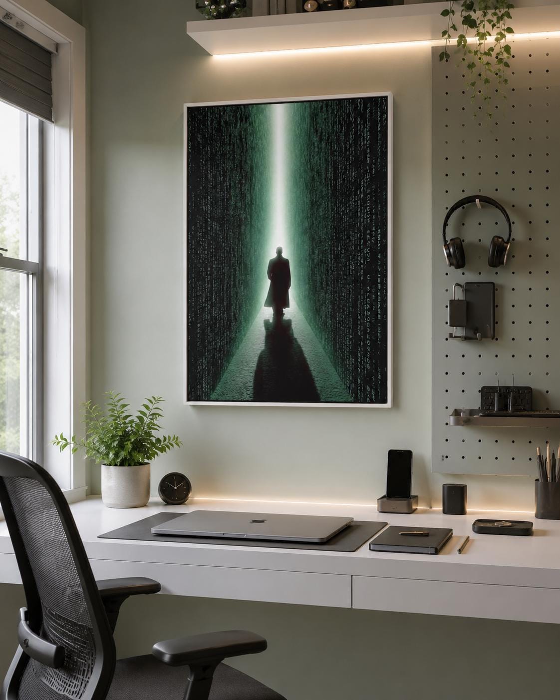 Room scene showing neon green cyberpunk corridor artwork with code-like characters