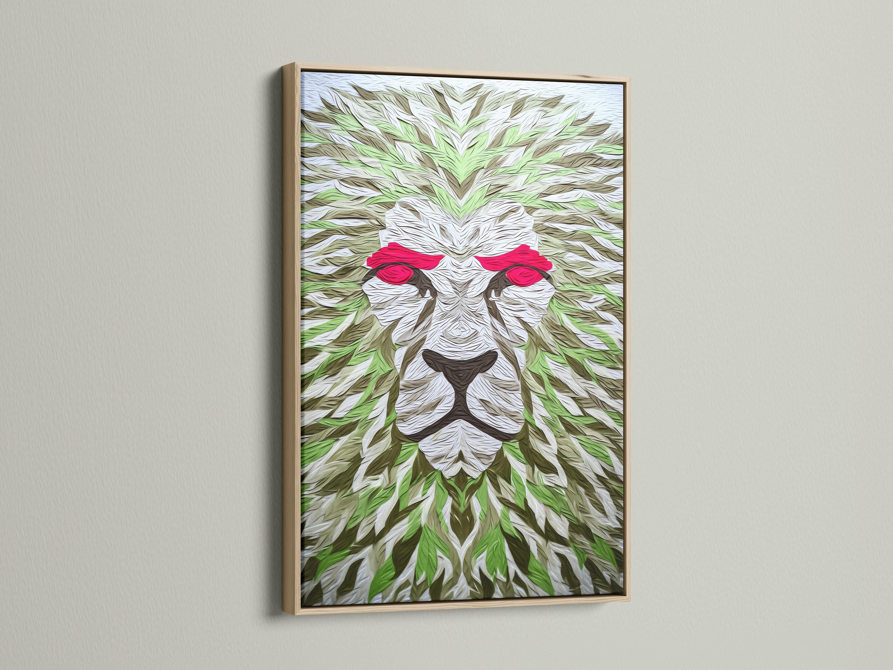 Room mockup showing a large lion artwork with green leaf pattern and red eyes above a bed