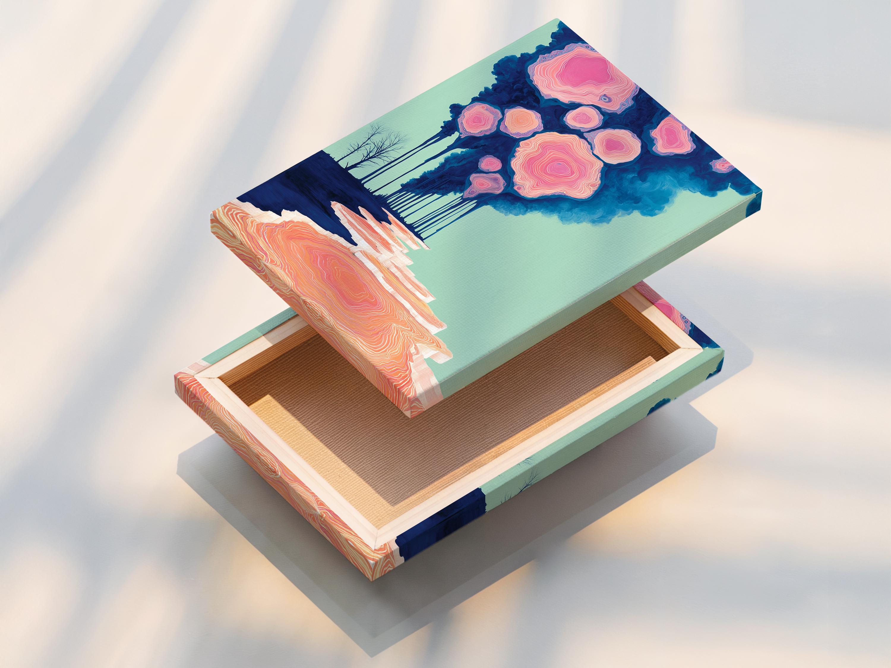 Teal and pink abstract forest scene with concentric ring-like forms and drips detail view