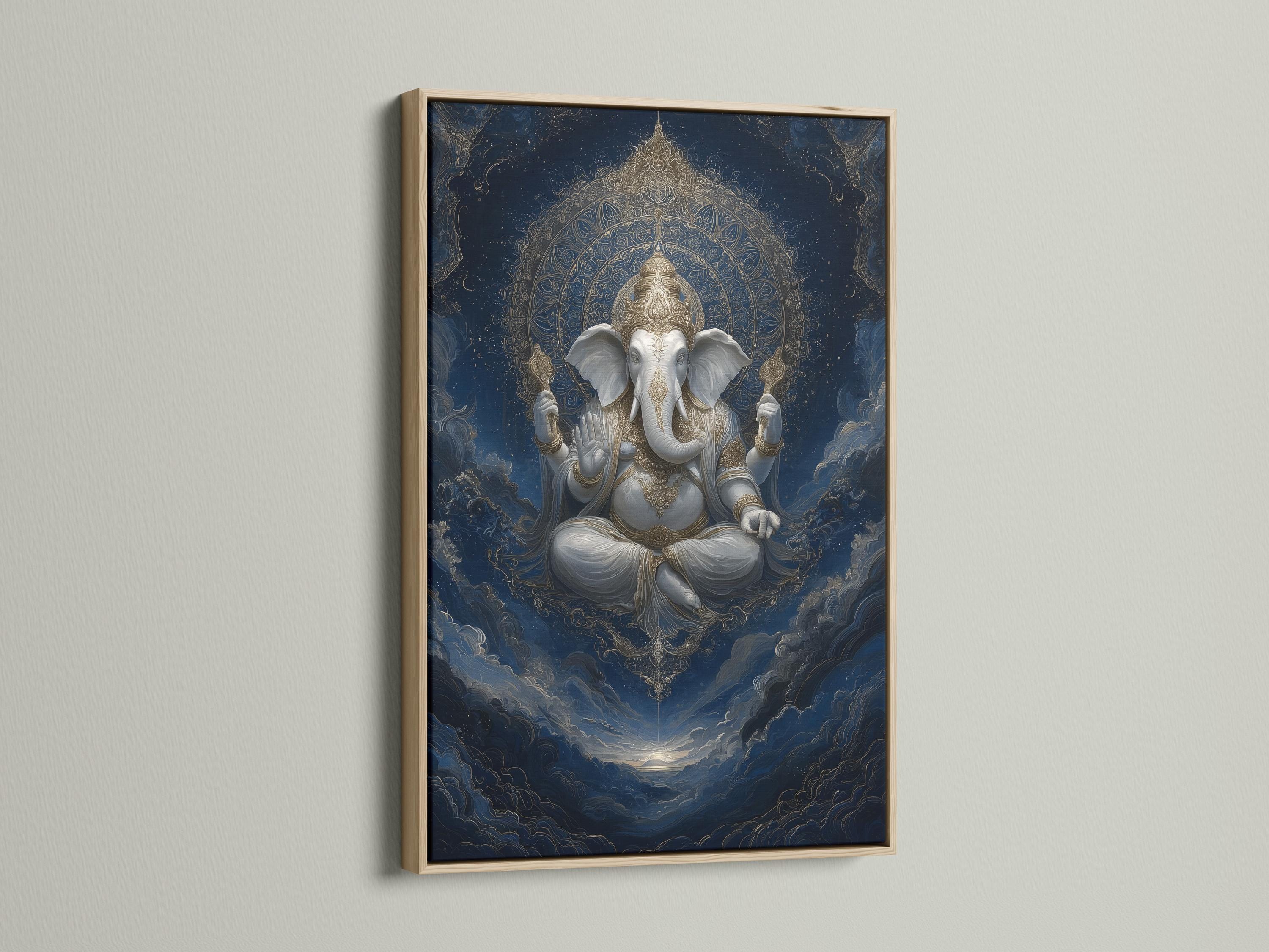Indigo and gold seated elephant-headed deity with ornate halo and swirling clouds detail view