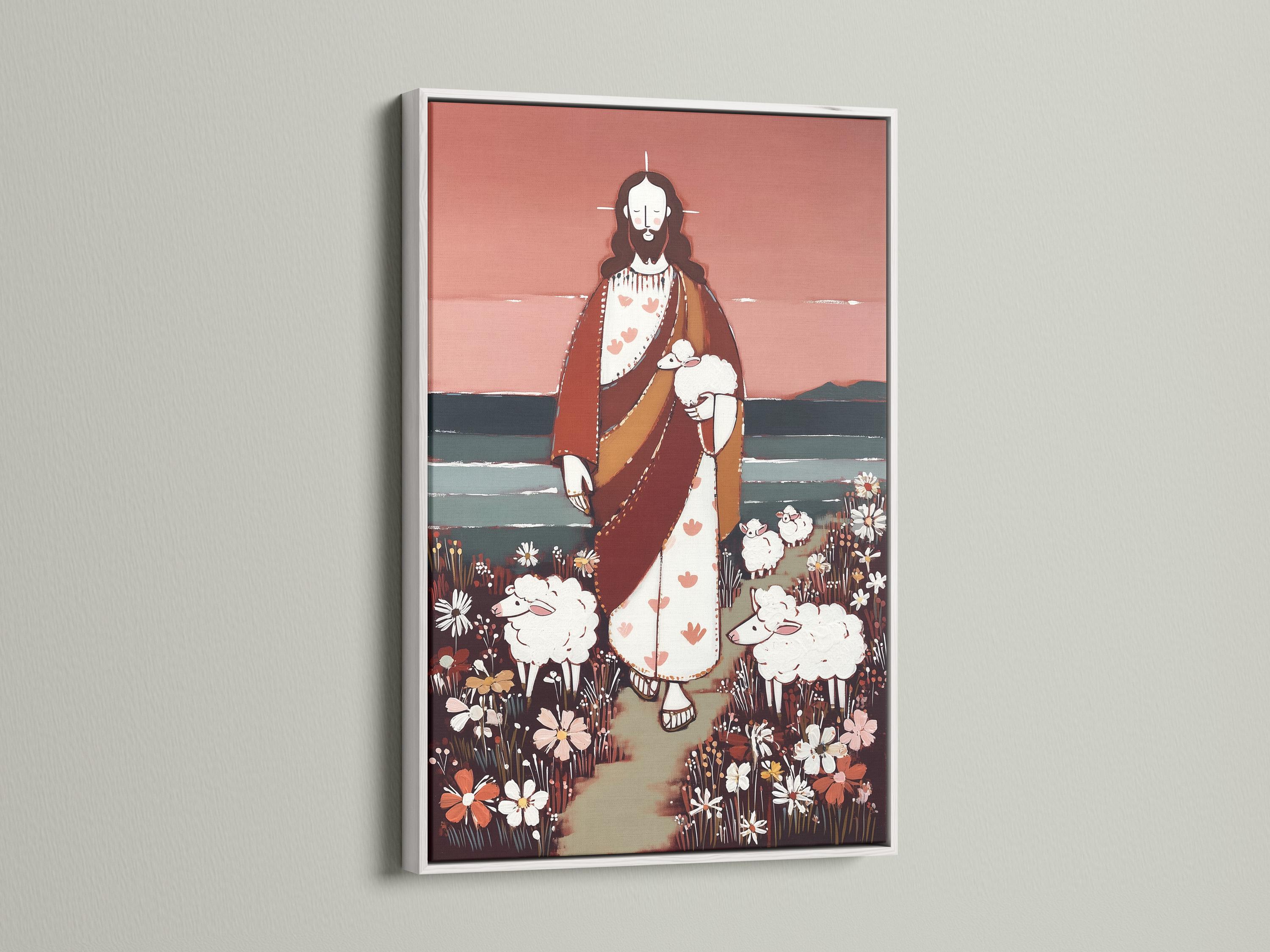 Stylised Jesus holding a white sheep, surrounded by sheep and wildflowers in a flower field detail view