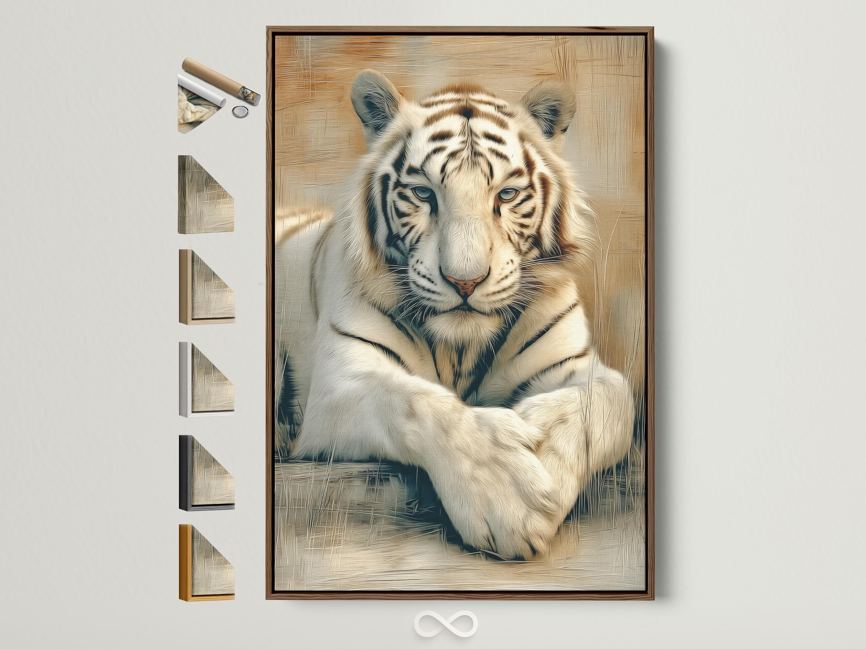 Office mockup with a tiger portrait artwork on the wall