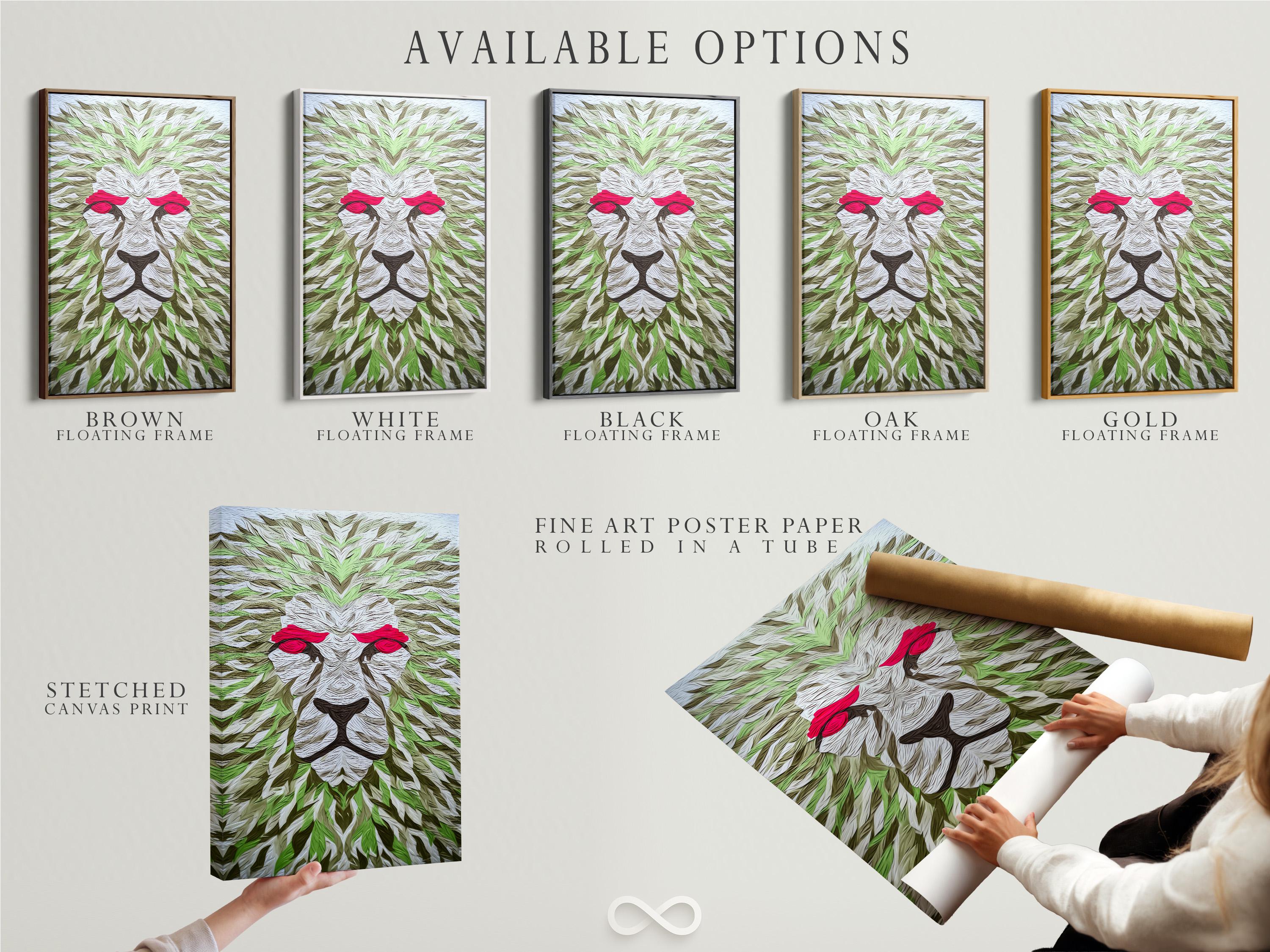 Room mockup showing a large lion artwork with green leaf pattern and red eyes above a bed