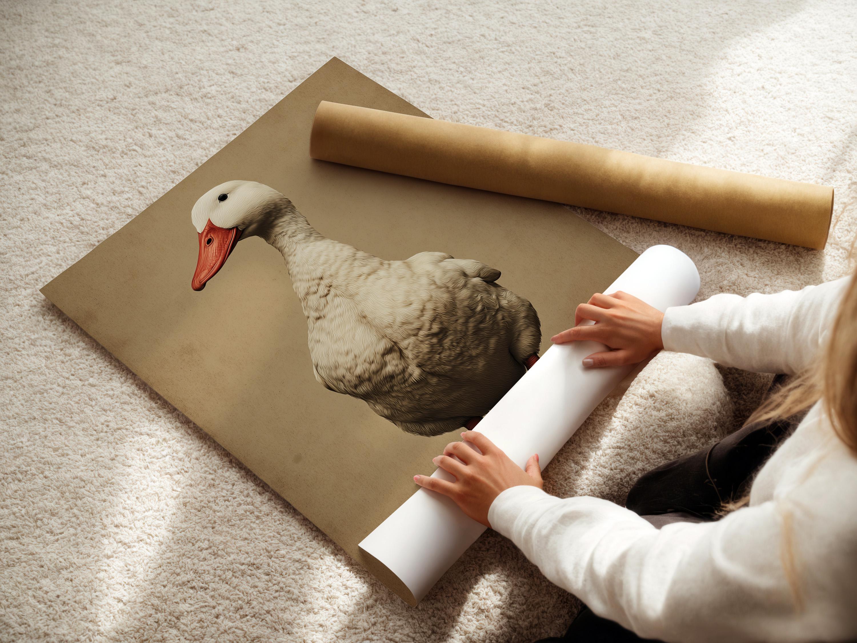 A vintage-style goose portrait with a red beak and detailed feather shading stands in front of a warm beige background detail view