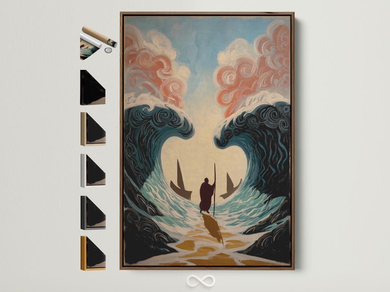 Ocean waves parting with a silhouetted figure and coral-tinted clouds in teal and beige tones