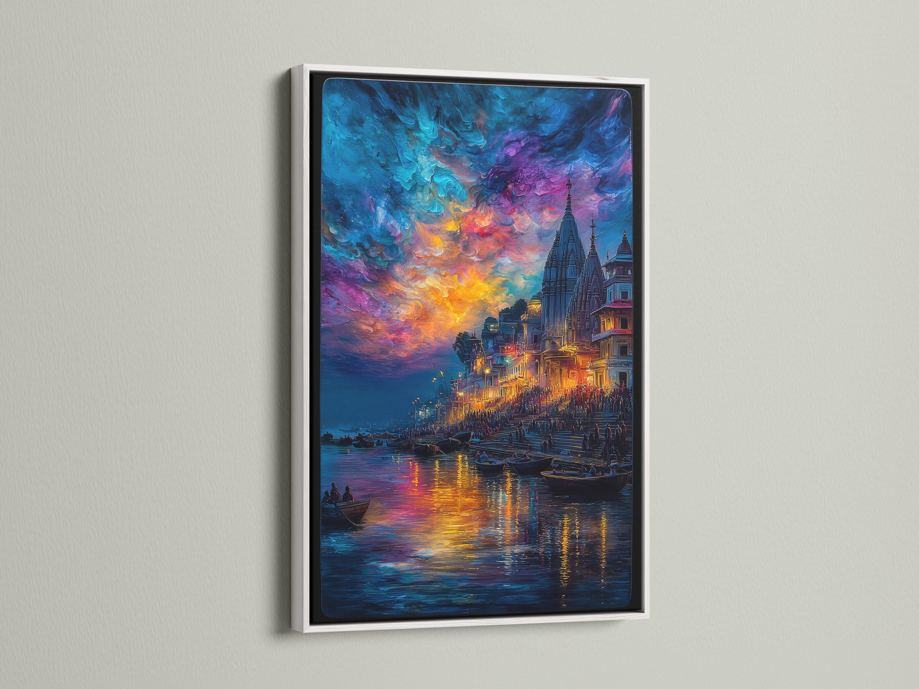 Painterly city riverscape at sunset with spired buildings, boats on reflective water and colourful clouds detail view