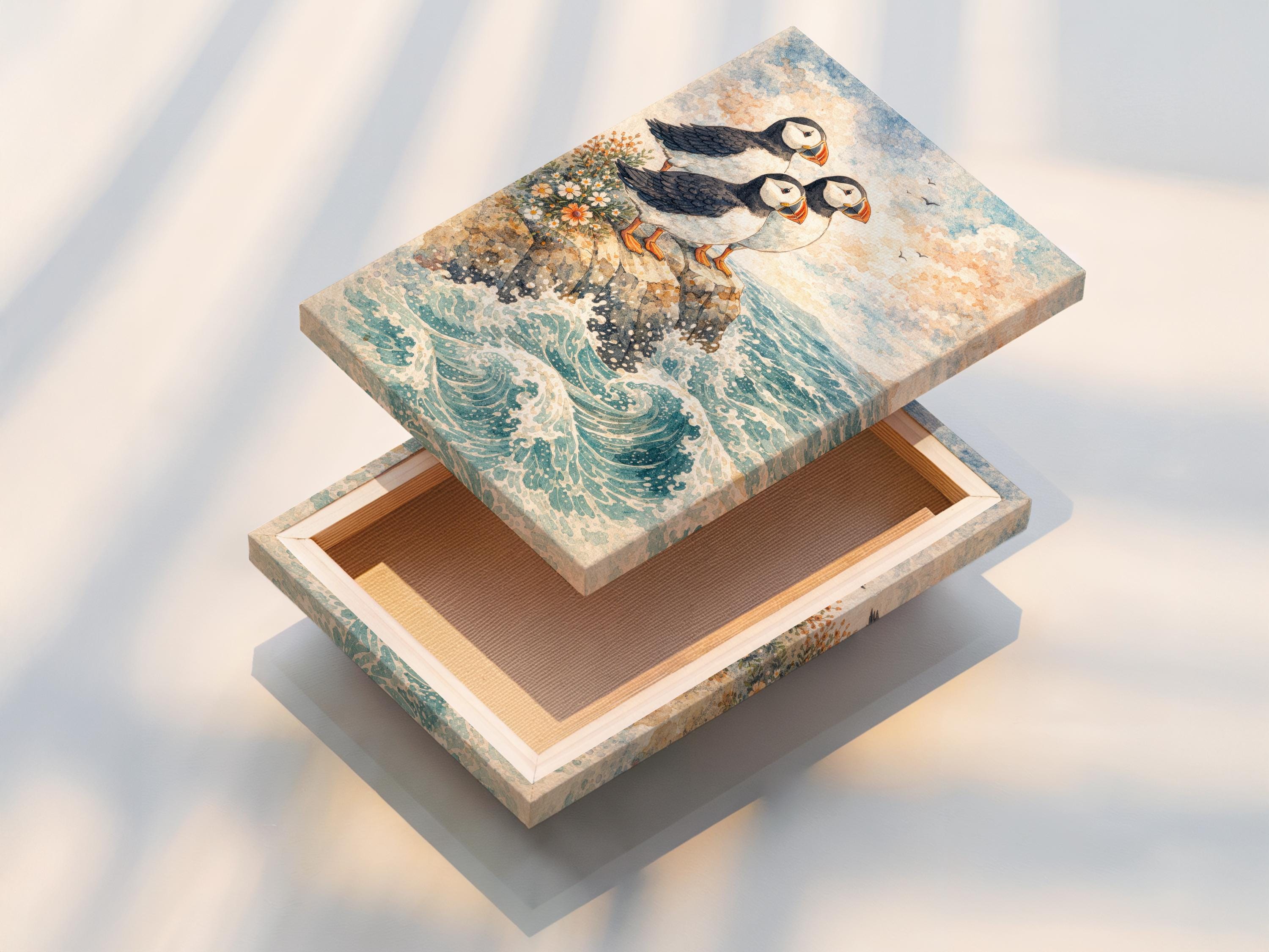 Illustrated puffins perched on a rocky cliff above swirling ocean waves with wildflowers and clouds detail view