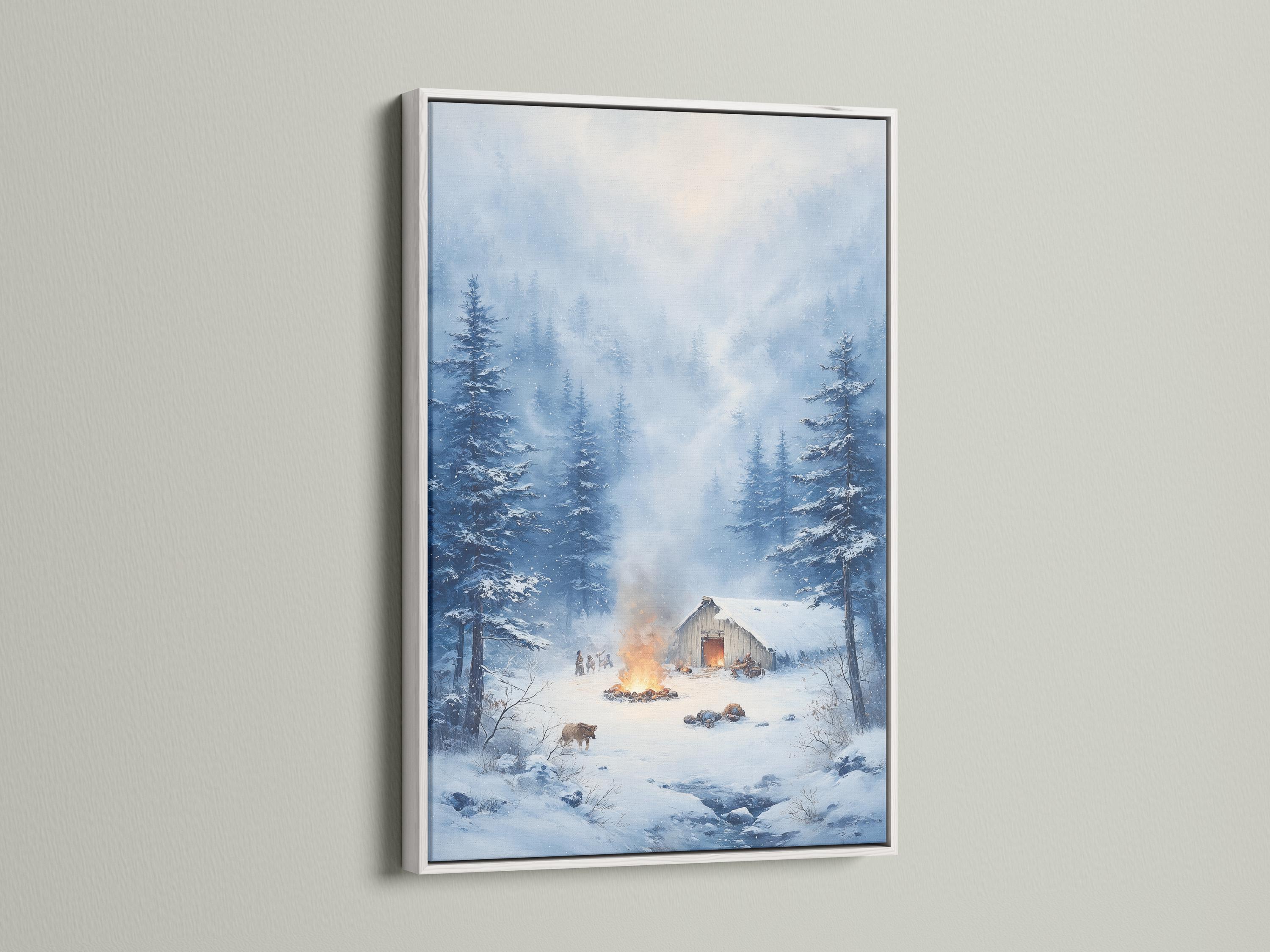 Snowy winter forest scene with a cabin and warm firelight among tall trees detail view