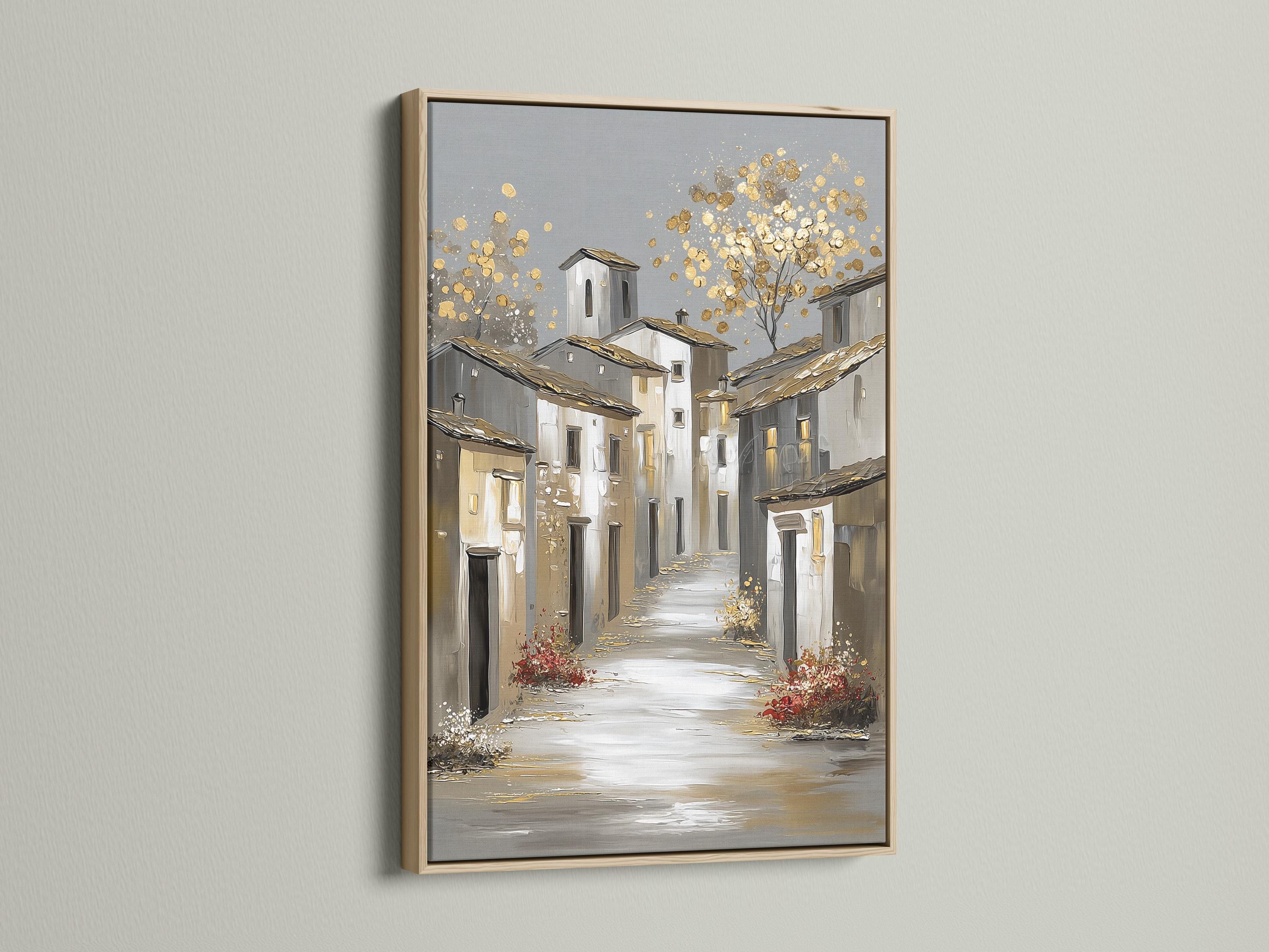 Gold sparkle European village street illustration with white buildings and grey roofs detail view