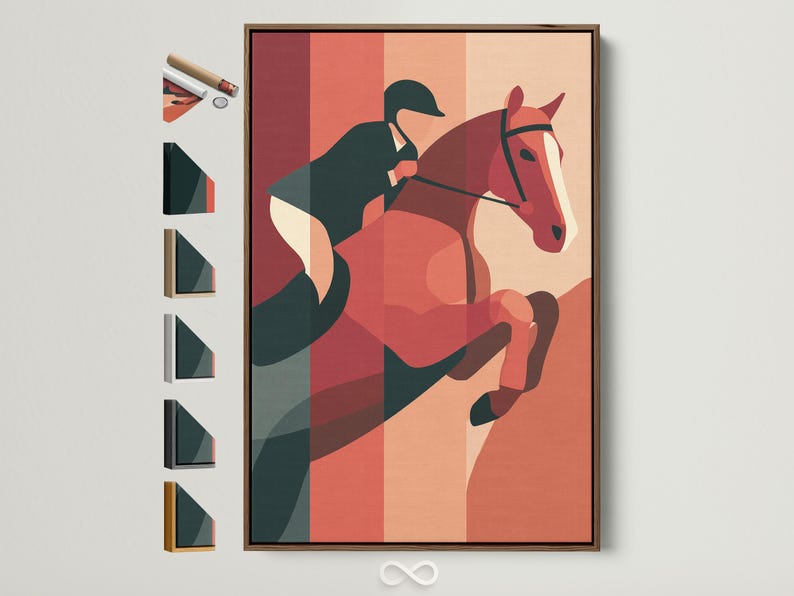 Geometric horse artwork with terracotta, pink and teal blocks
