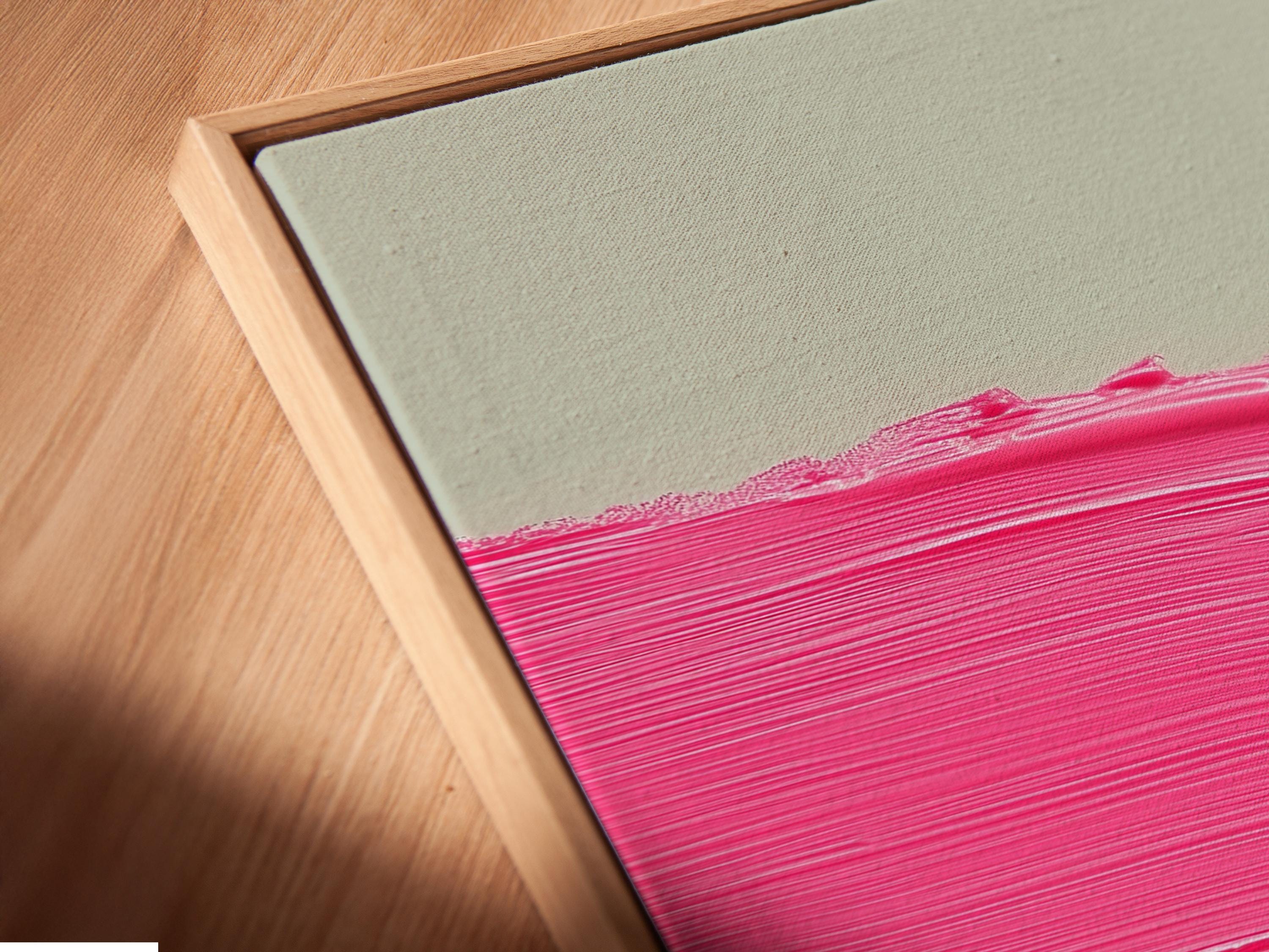 A stylised warrior figure walking across hot pink and emerald green textured bands on a pale background detail view