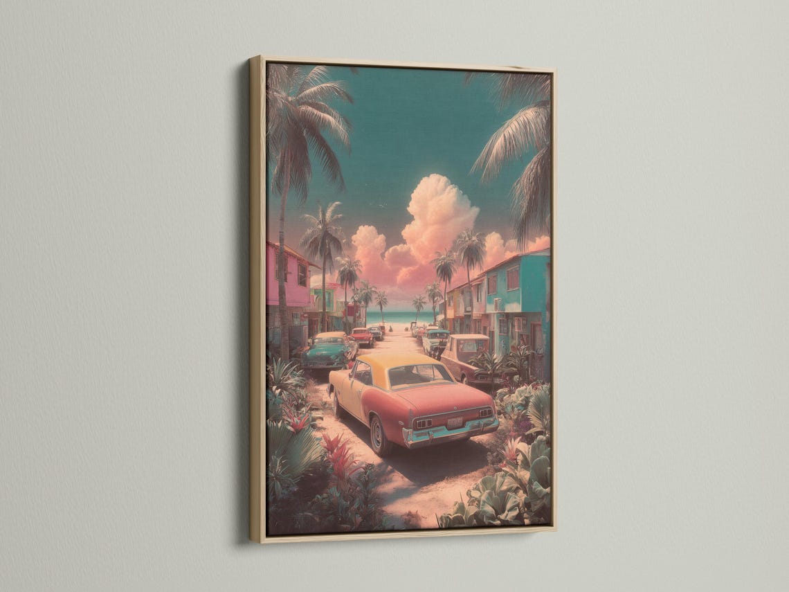 Retro coastal street illustration with classic cars, palm trees, and a teal pink sunset sky detail view