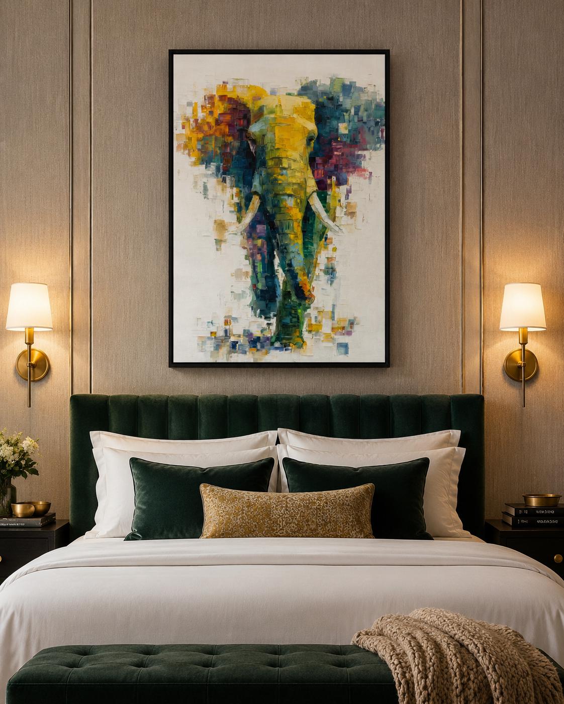 Abstract elephant artwork with layered teal, yellow and magenta colour blocks on an off-white background detail view