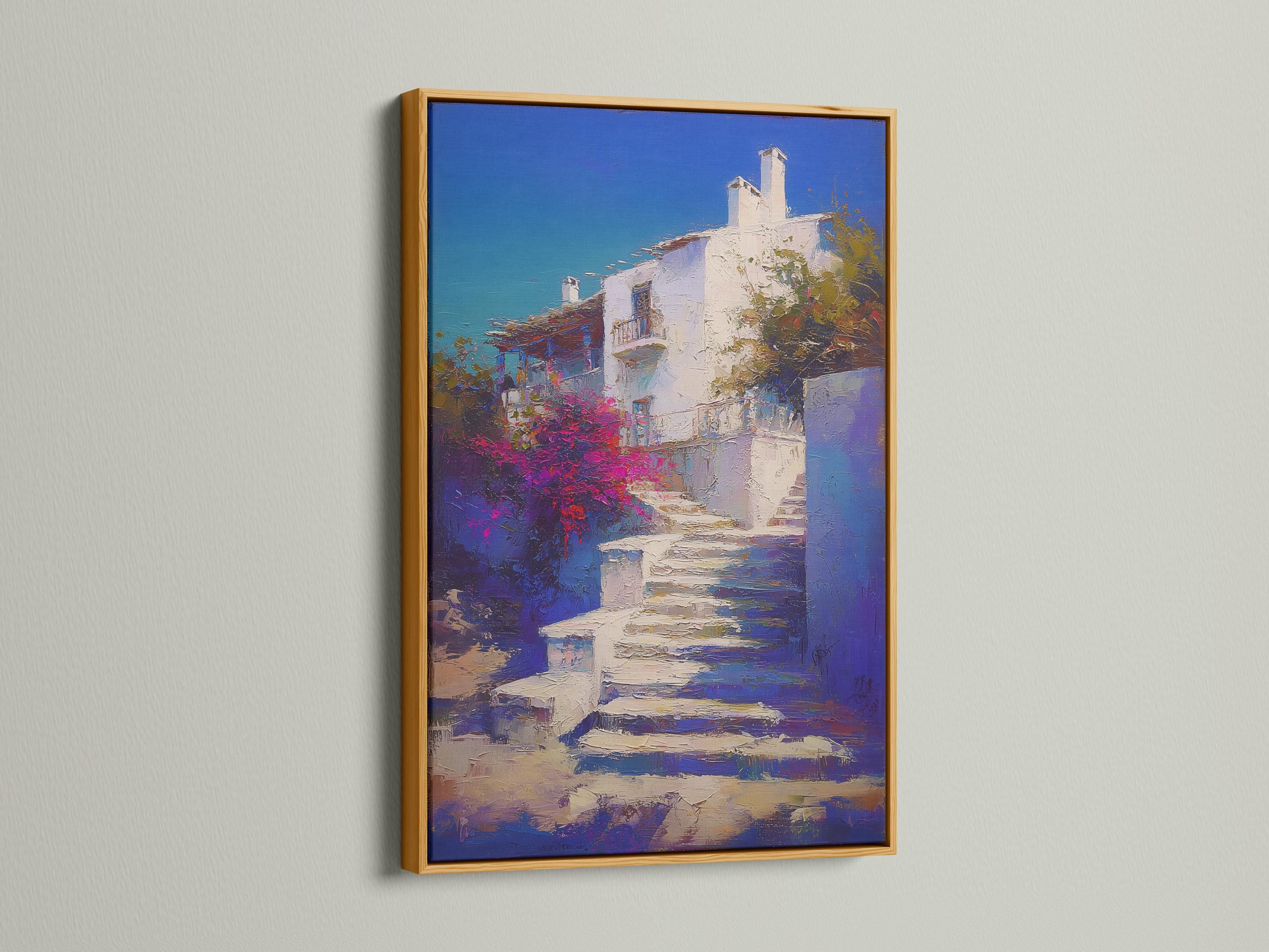 Painterly blue sky coastal buildings with whitewashed walls and vivid magenta vegetation detail view