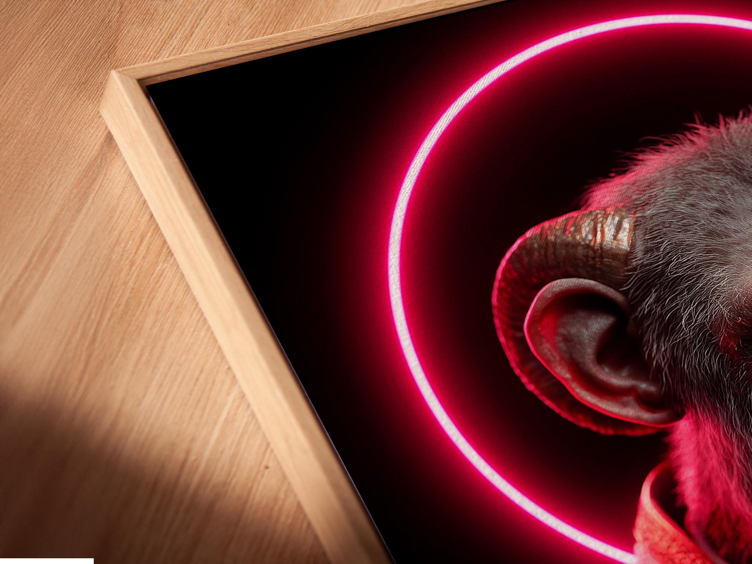 Surreal monkey portrait with a bright pink neon halo and red-and-gold robes detail view