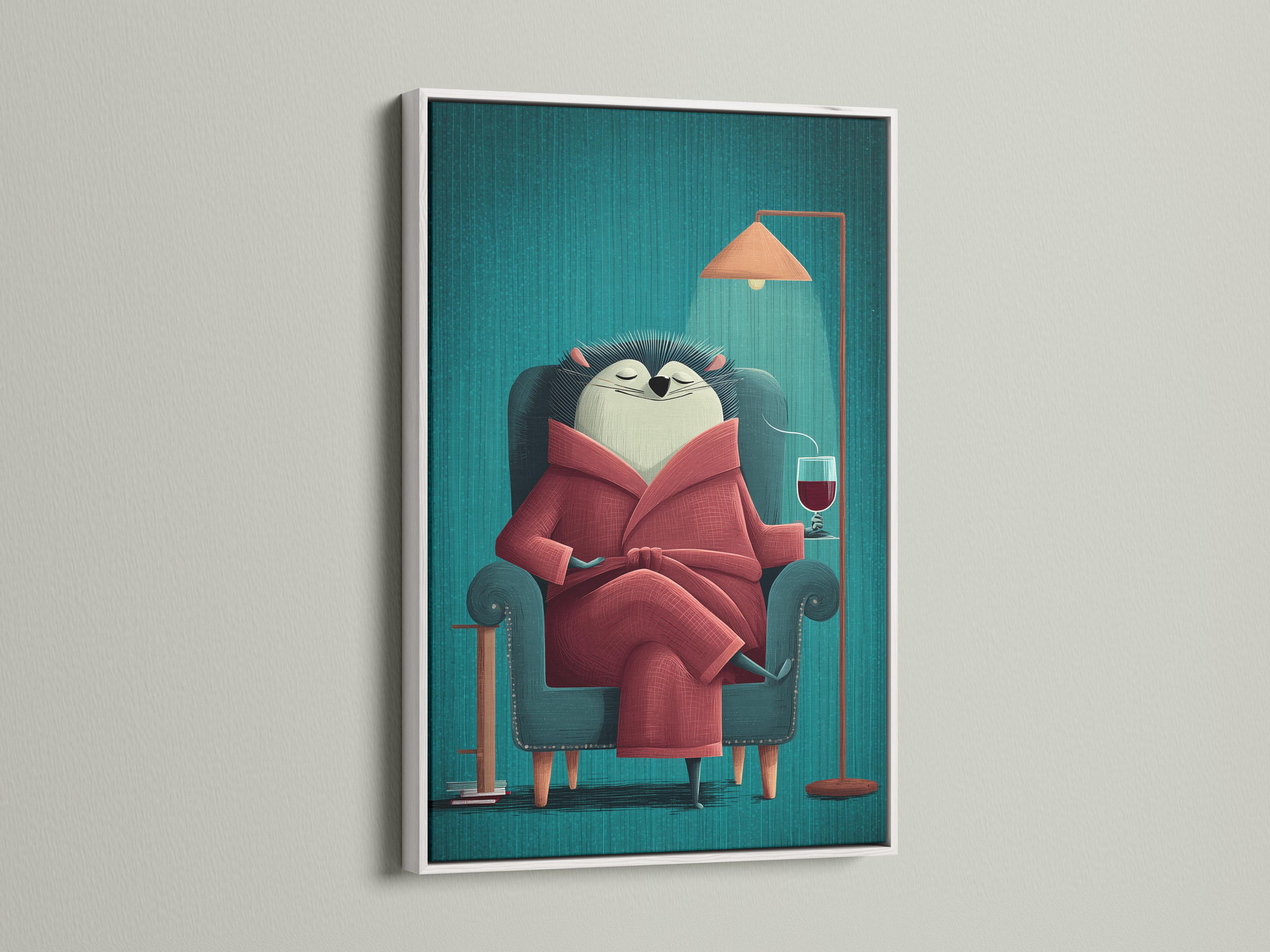 A hedgehog in a teal armchair reads a large red book, outlined by stylised quills on a striped teal background with an orange lamp and a wine glass