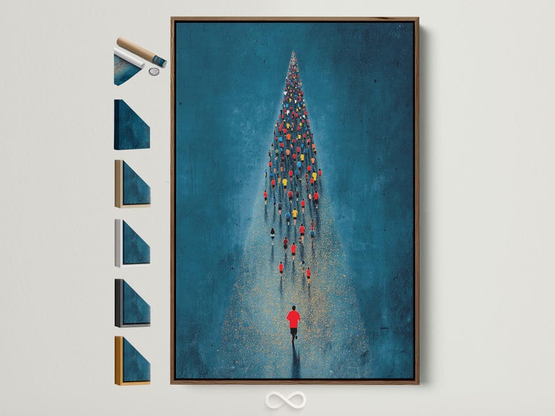 Teal-blue running crowd scene with a lone red-shirt runner and gold speckled path