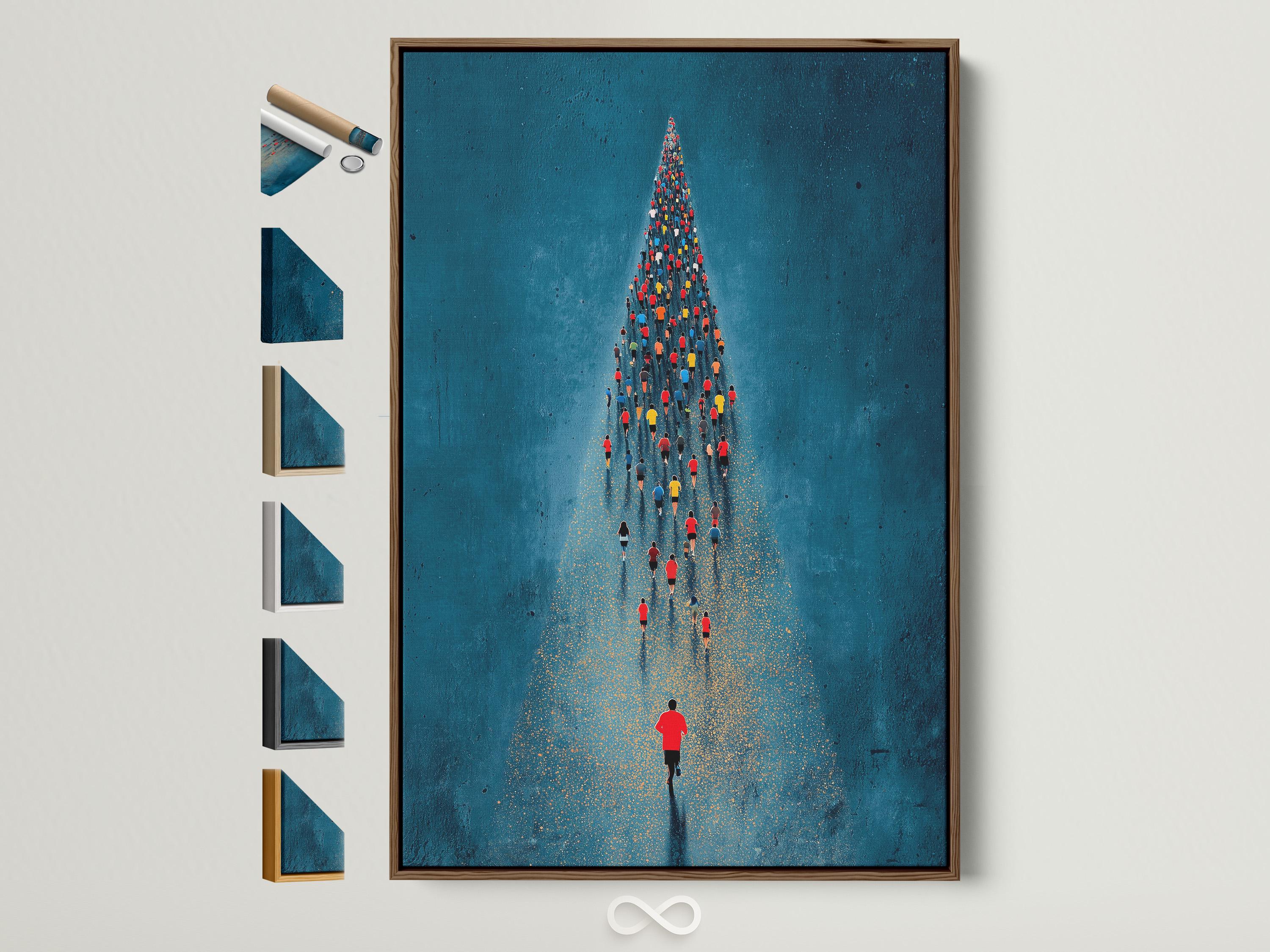 Teal-blue running crowd scene with a lone red-shirt runner and gold speckled path