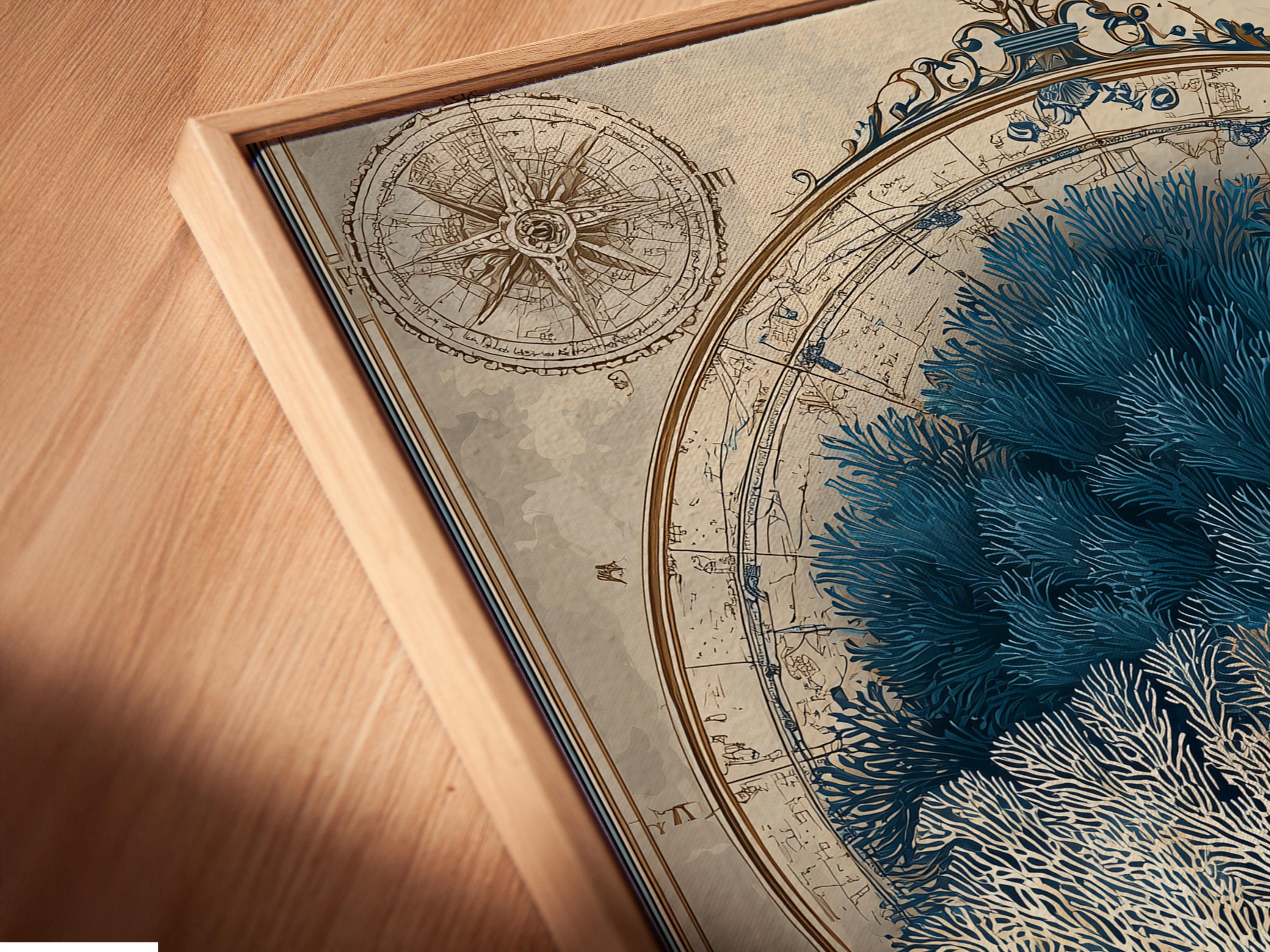 Room mockup showing a framed nautical map illustration featuring a coral reef and compass roses