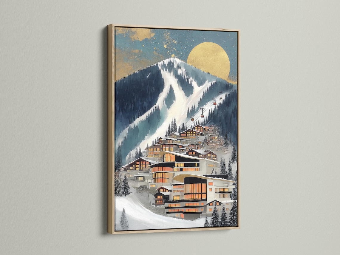 A winter mountain village scene shows warm chalet buildings below a snowy slope and a large sun, with a ski lift line and scattered pine trees detail