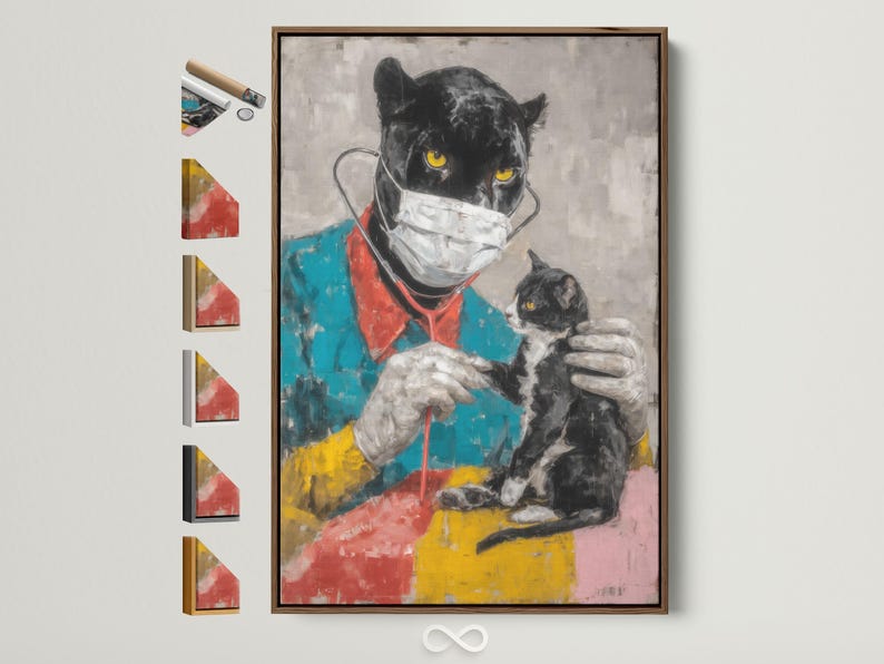 Painterly black cat doctor with a white mask and bright yellow eyes, with a smaller masked kitten beside it