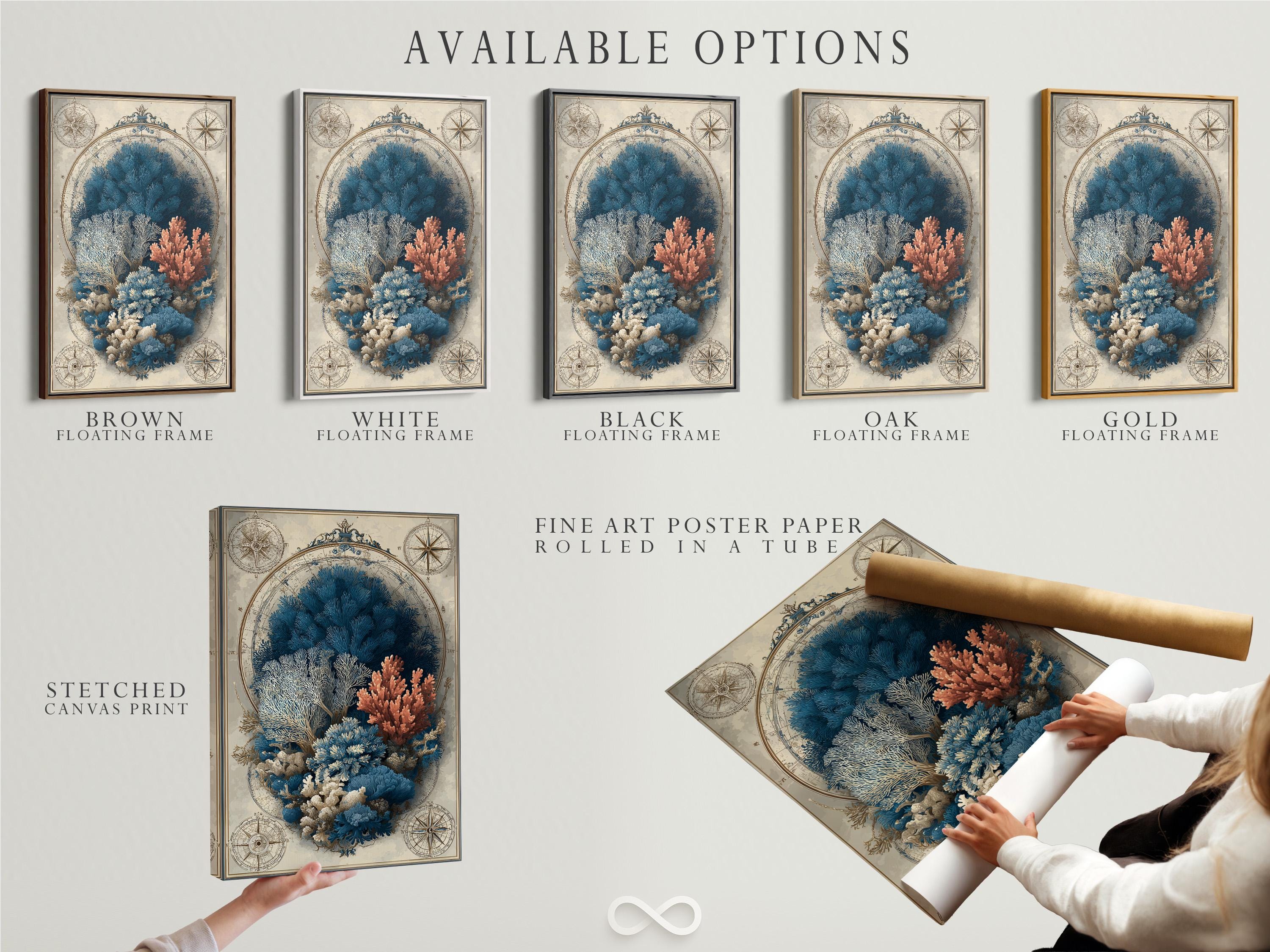 Room mockup showing a framed nautical map illustration featuring a coral reef and compass roses