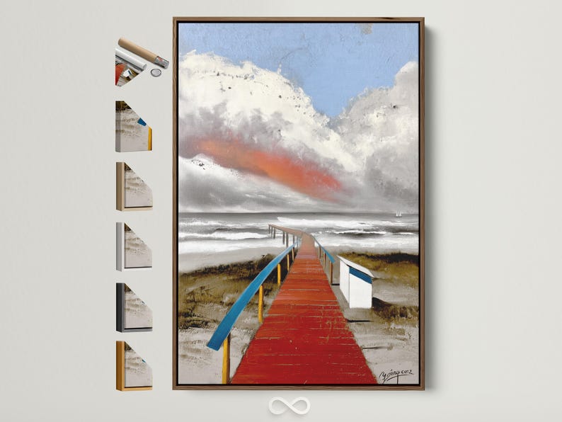 Red boardwalk leading to the sea with blue rails, waves and a cloudy sky