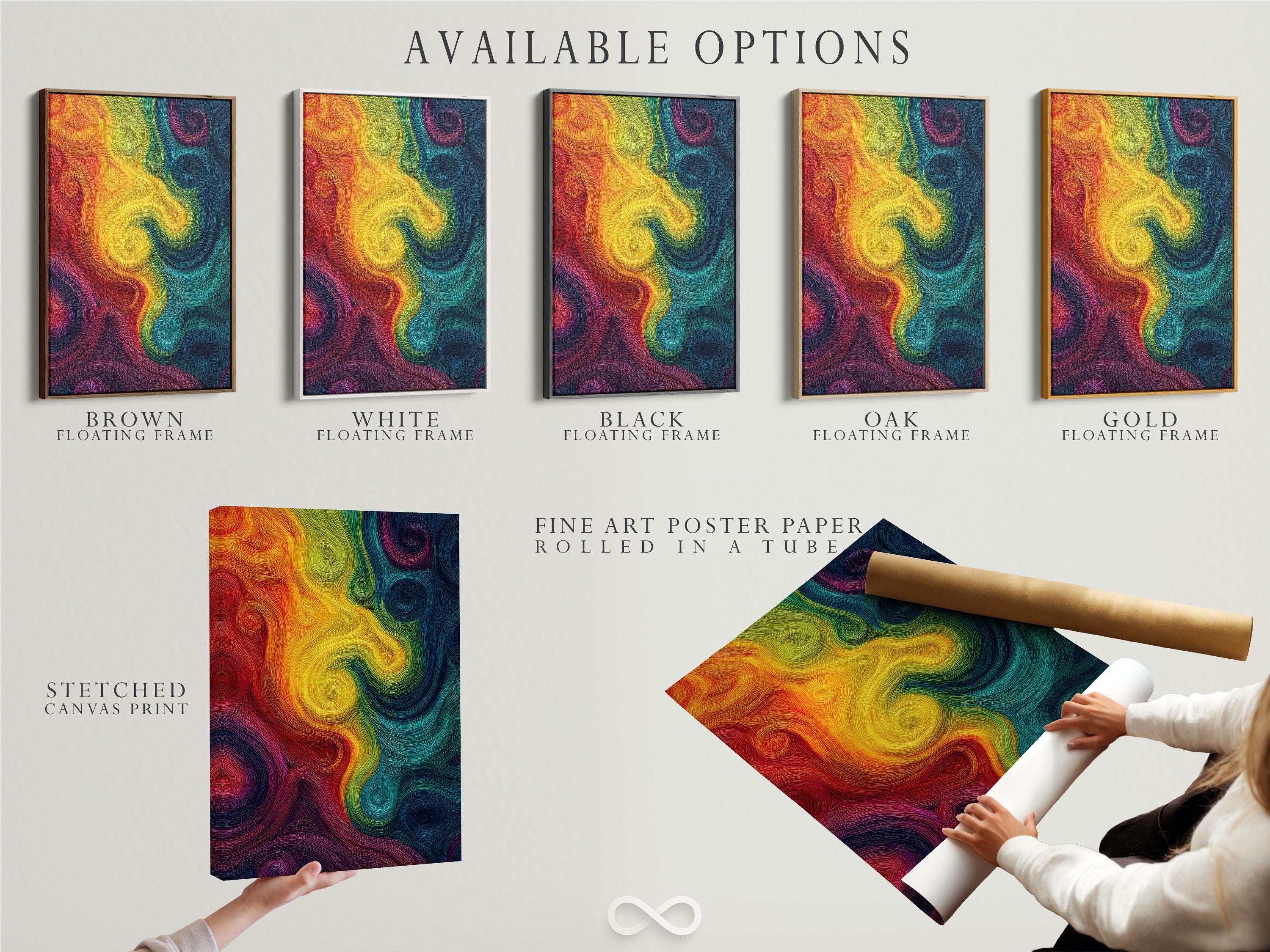 Rainbow abstract artwork with concentric swirling line patterns and a psychedelic spiral design detail view