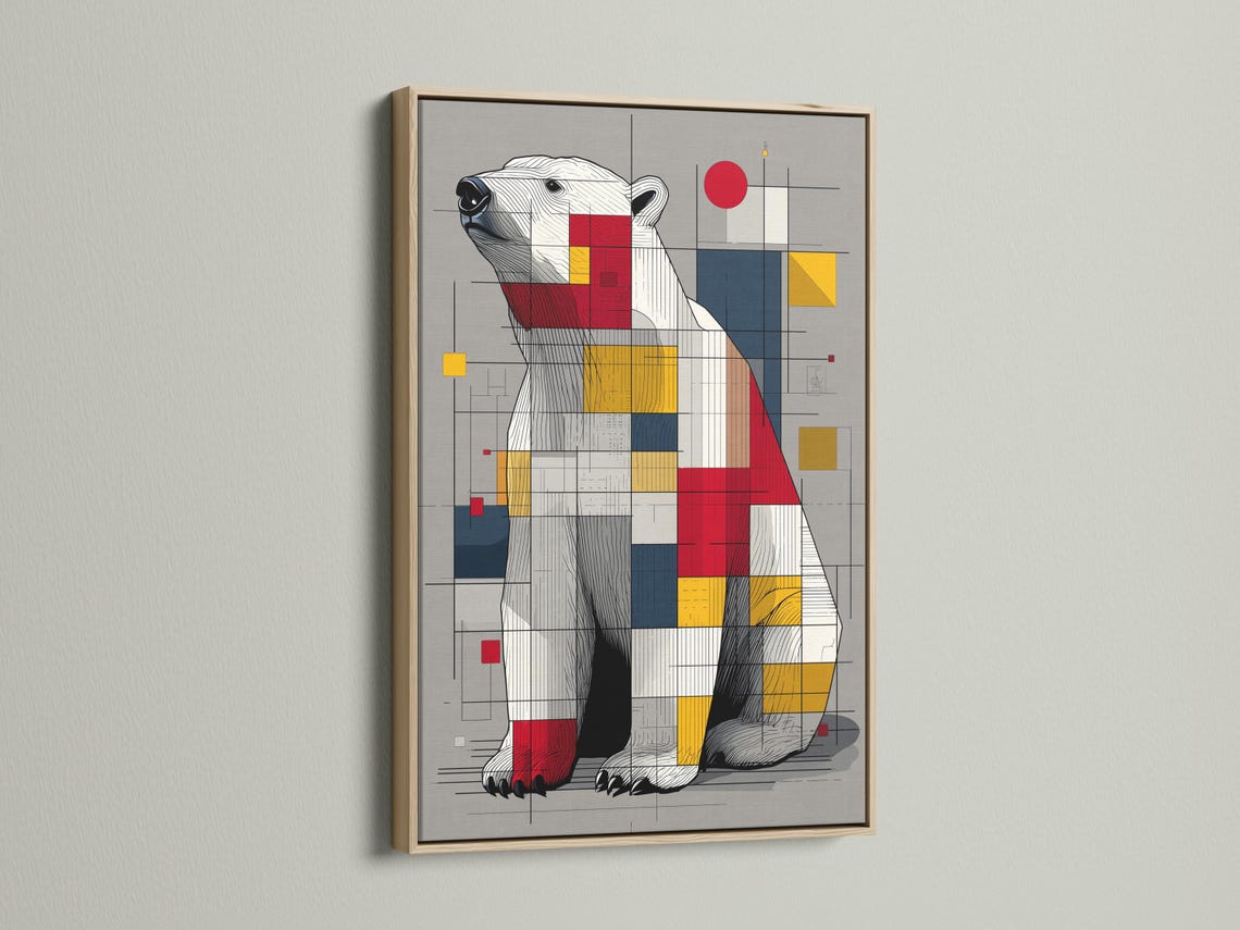 Room mockup showing framed geometric polar bear artwork on a wall