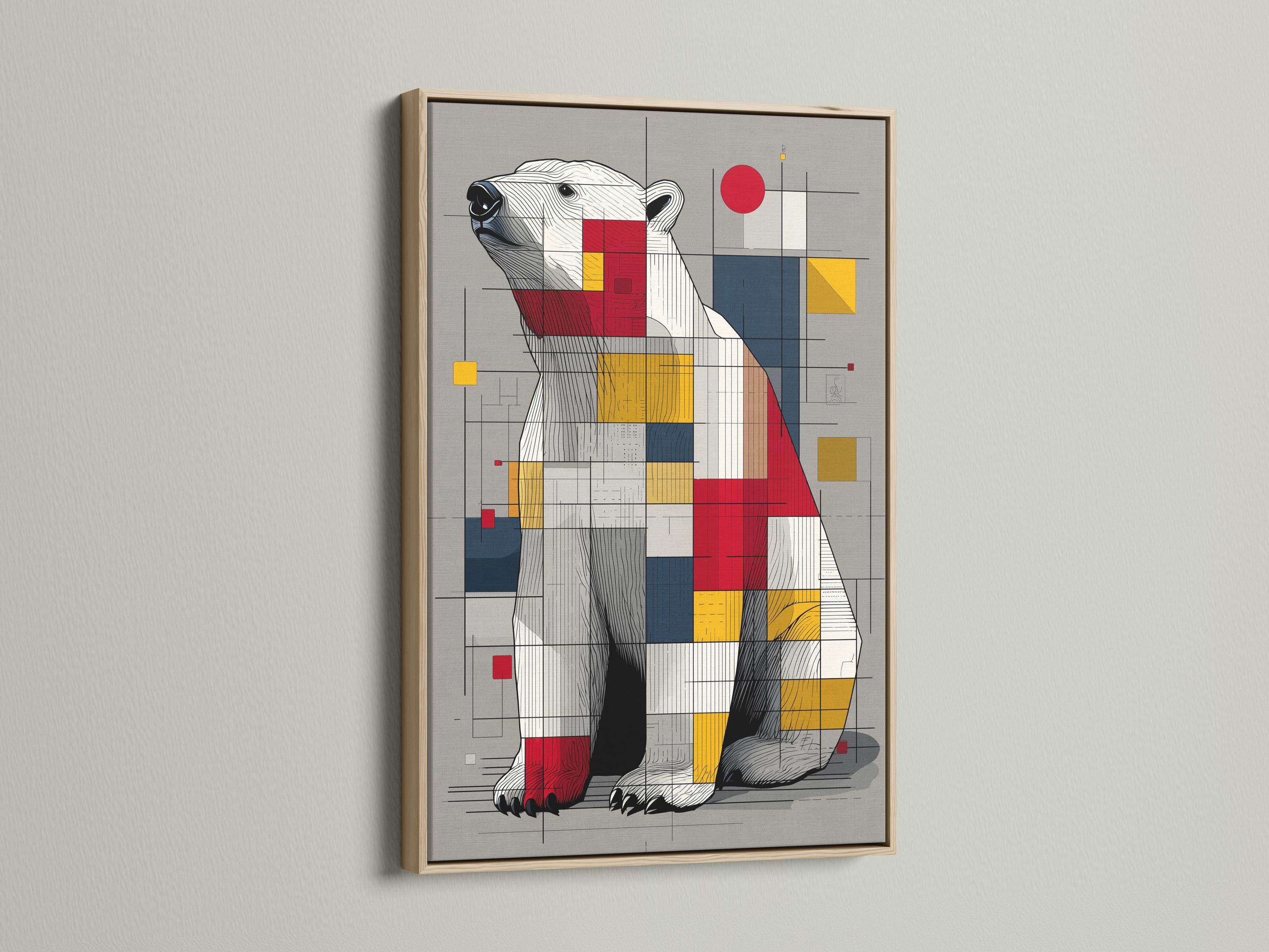 Room mockup showing framed geometric polar bear artwork on a wall