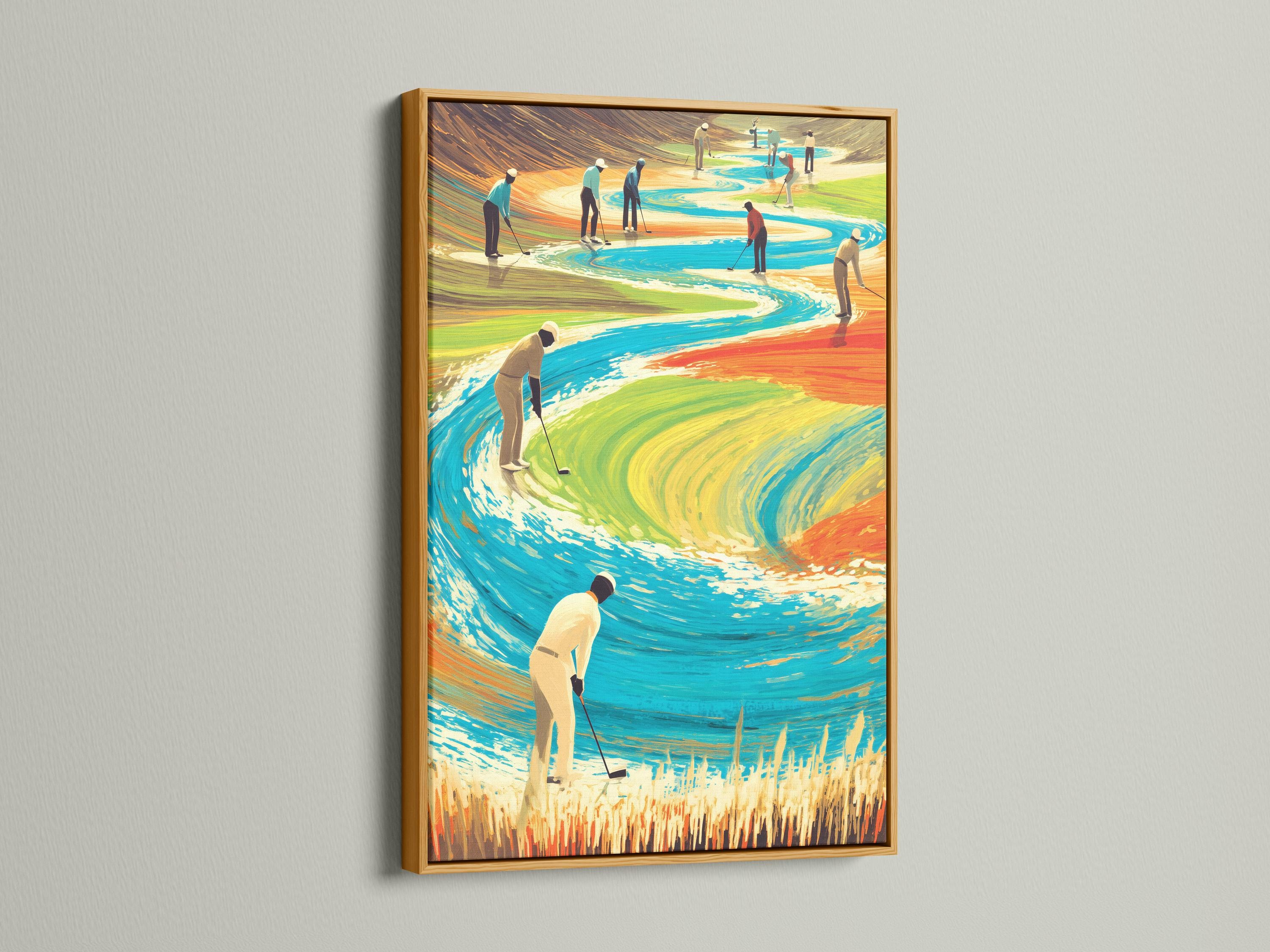 Surreal golf course scene with stylised golfers and a winding blue water channel detail view