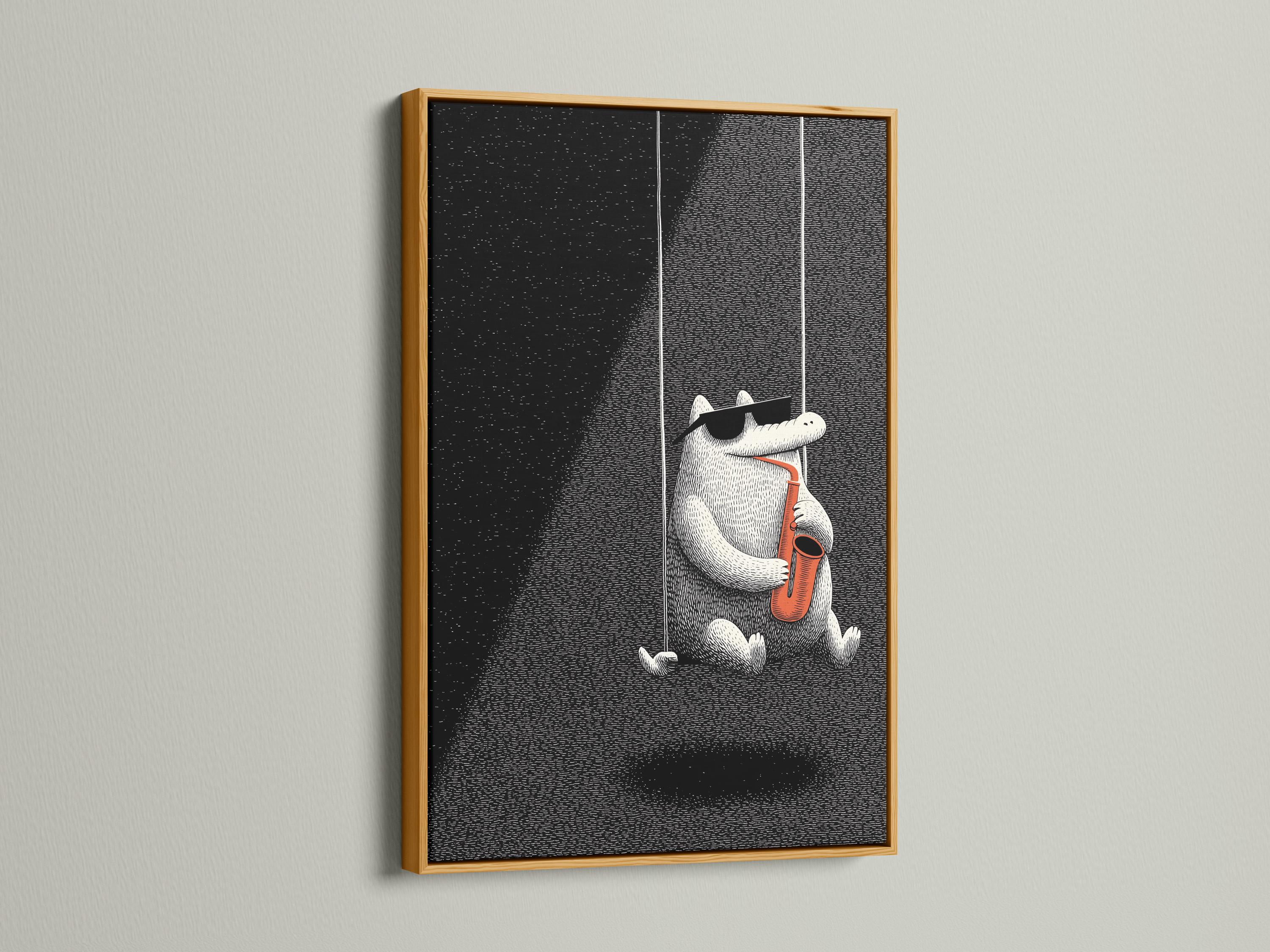 Black and white illustration of a cat holding and playing a saxophone with orange accents detail view