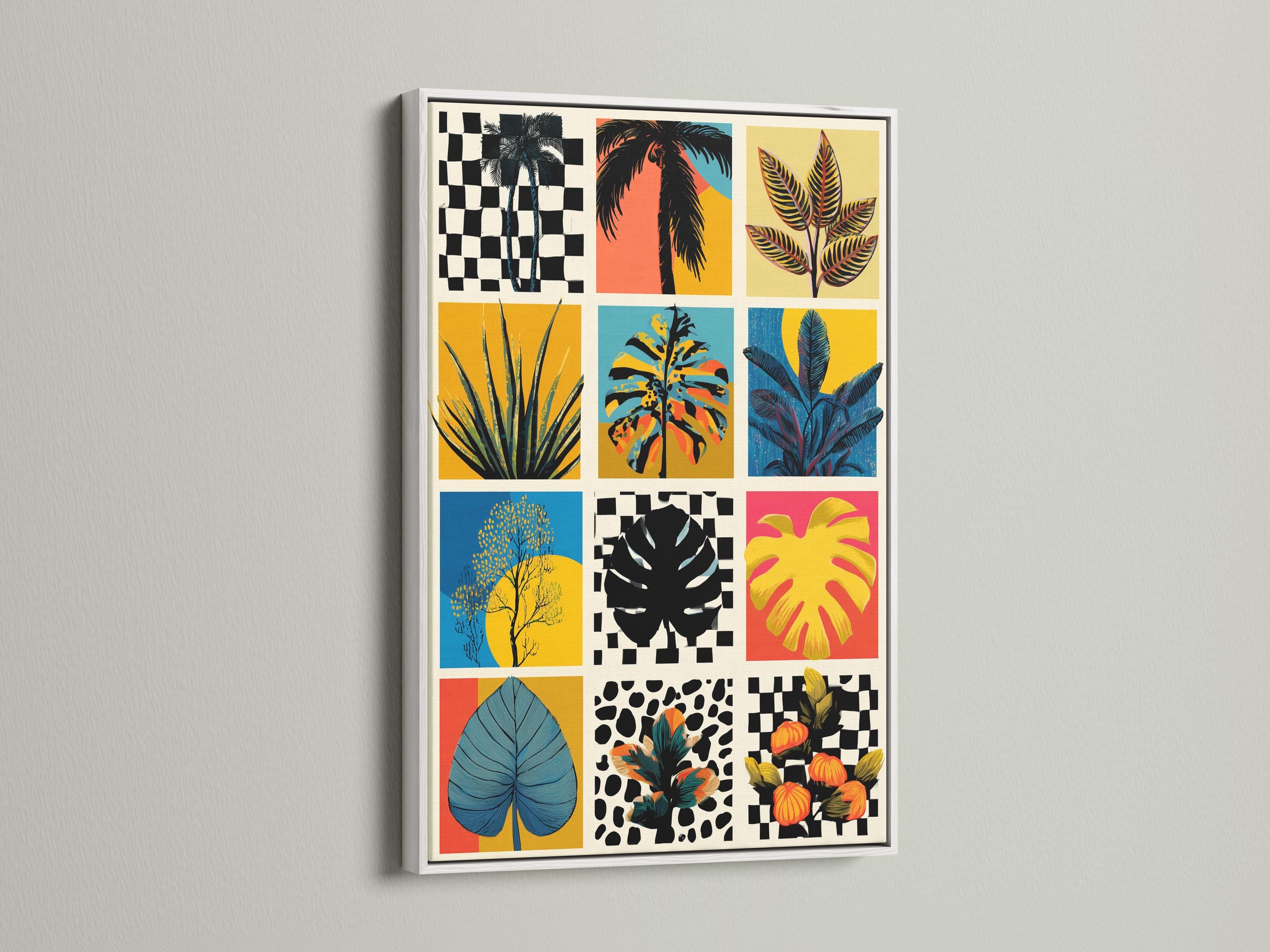 Retro tropical botanical collage on a framed grid, shown in a room mockup with extra artwork