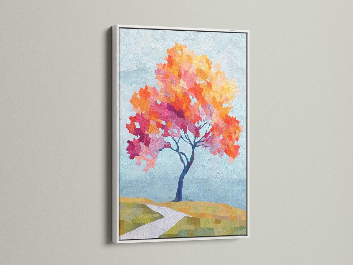 Stylised autumn tree artwork with orange, yellow and pink foliage on a textured blue background detail view