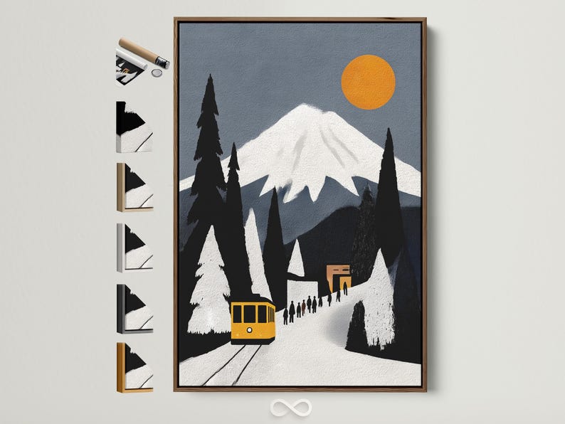 Yellow train in a winter mountain scene with dark pine silhouettes and a glowing sun