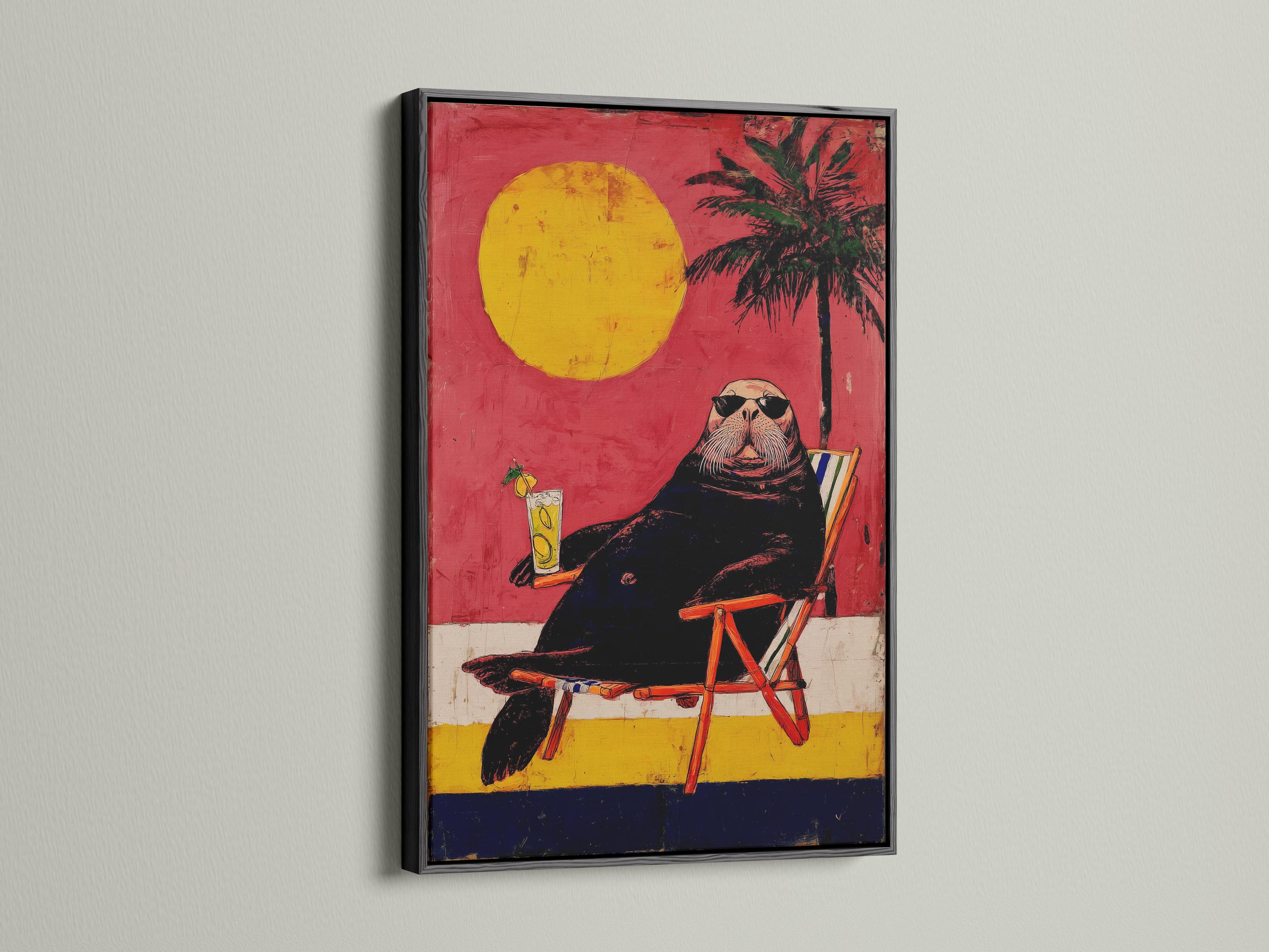 Retro seal with sunglasses holding a cocktail beside a striped beach chair, with yellow sun and palm tree on a pink background detail view