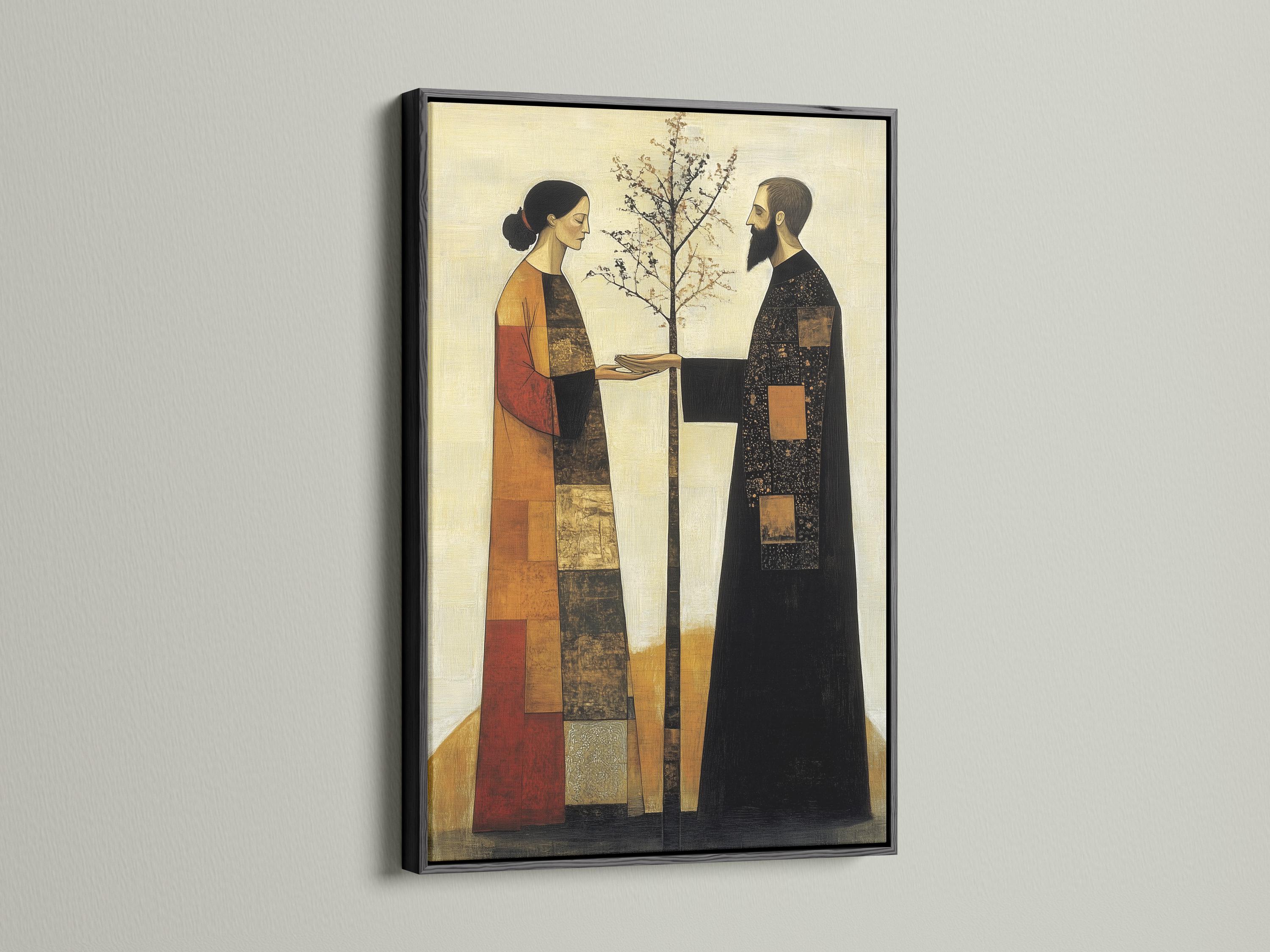 A framed artwork mockup showing a folk-art couple facing each other with a tree at the centre on a pale background