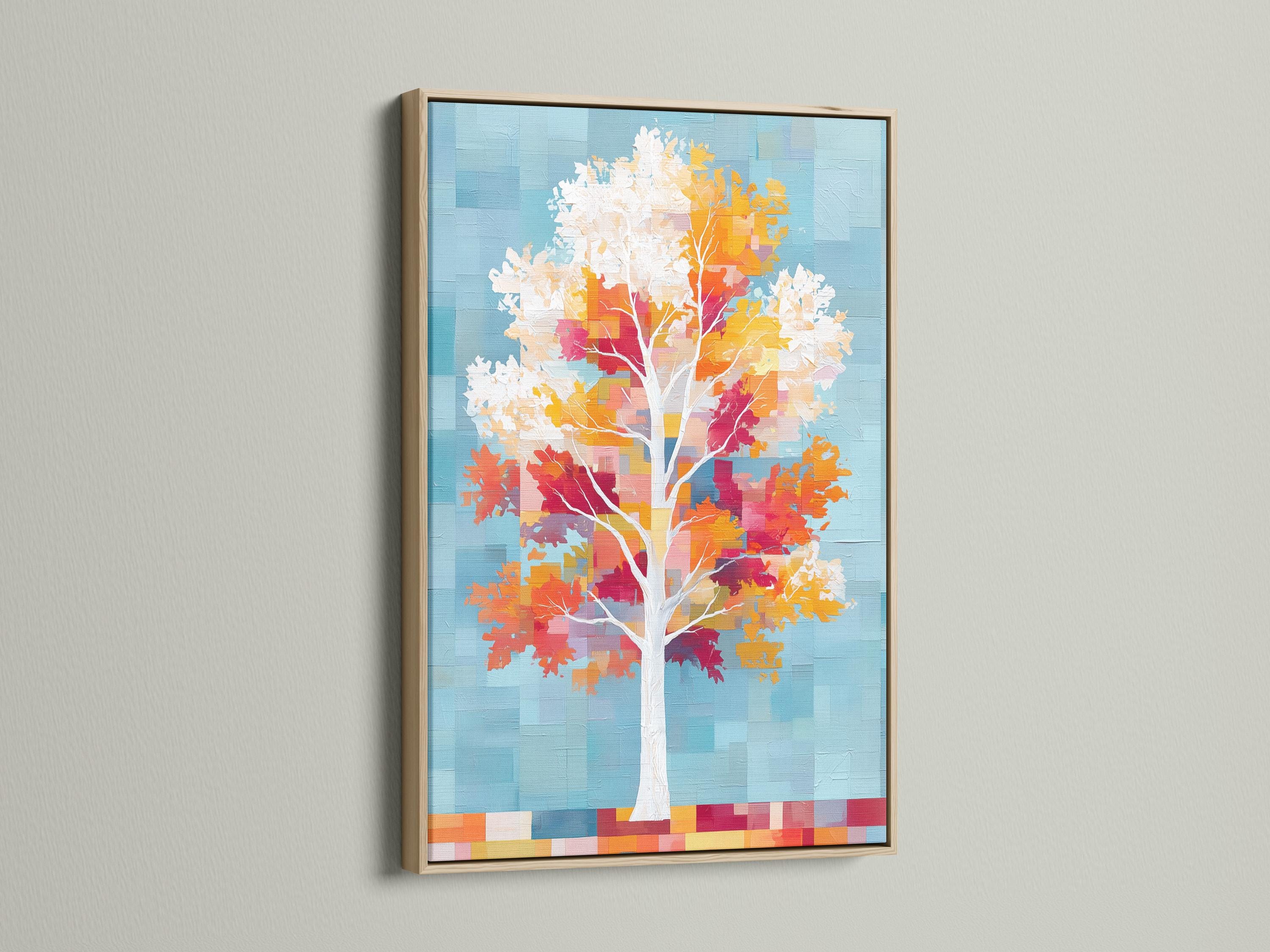 Stylised tree with white trunk, colourful autumn leaf blocks, and cool blue pixel background detail view