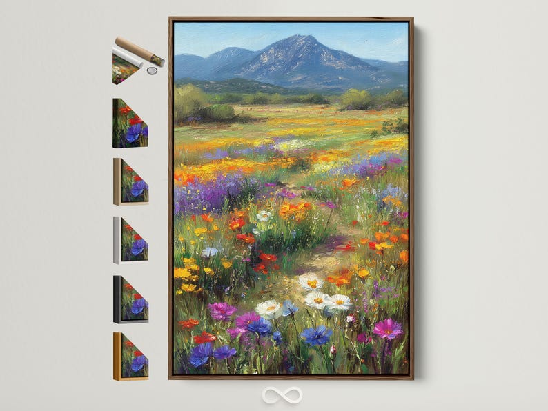 Wildflower meadow landscape with colourful flowers and a blue mountain