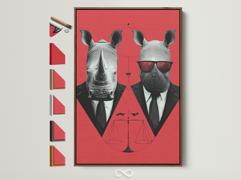 A stylised rhino duo in suits wears red sunglasses against a coral backdrop, with a red hourglass-like symbol and thin geometric lines below